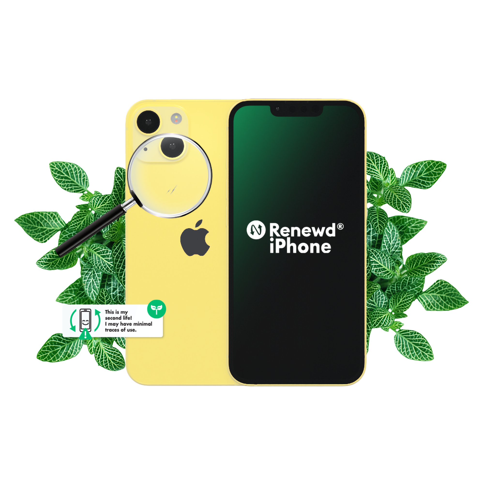 iPhone giallo, con lente d'ingrandimento e foglie. Un cartello dice: "Questa è la mia seconda vita!"