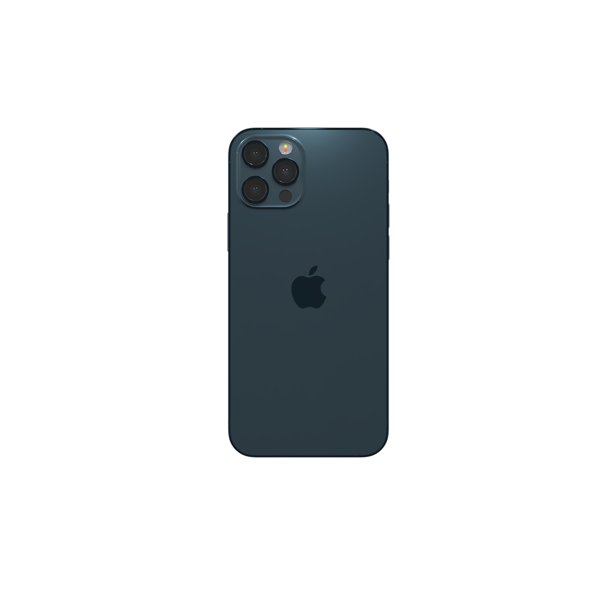 Vista posteriore di iPhone blu scuro, tre lenti della fotocamera, logo Apple. Sfondo bianco.