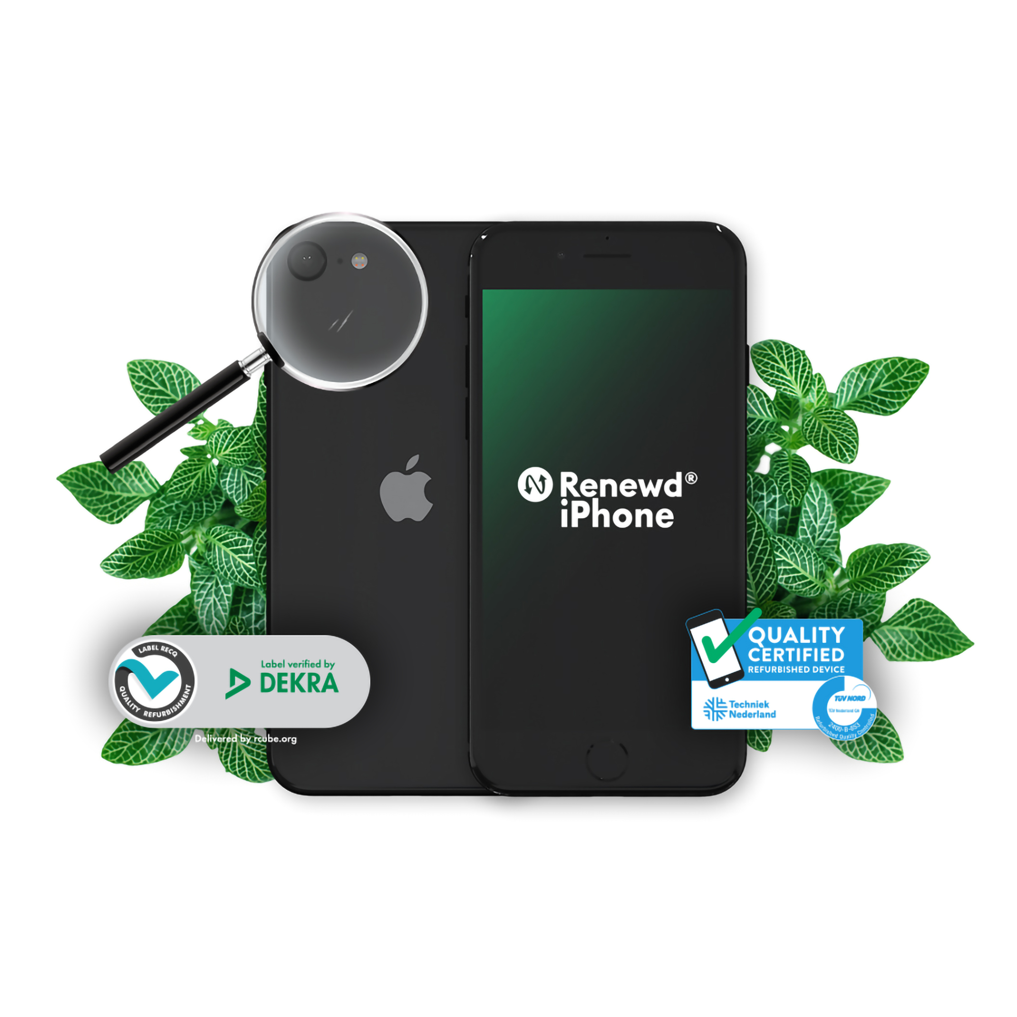 iPhone nero, retro e fronte, con lente d'ingrandimento e vegetazione.