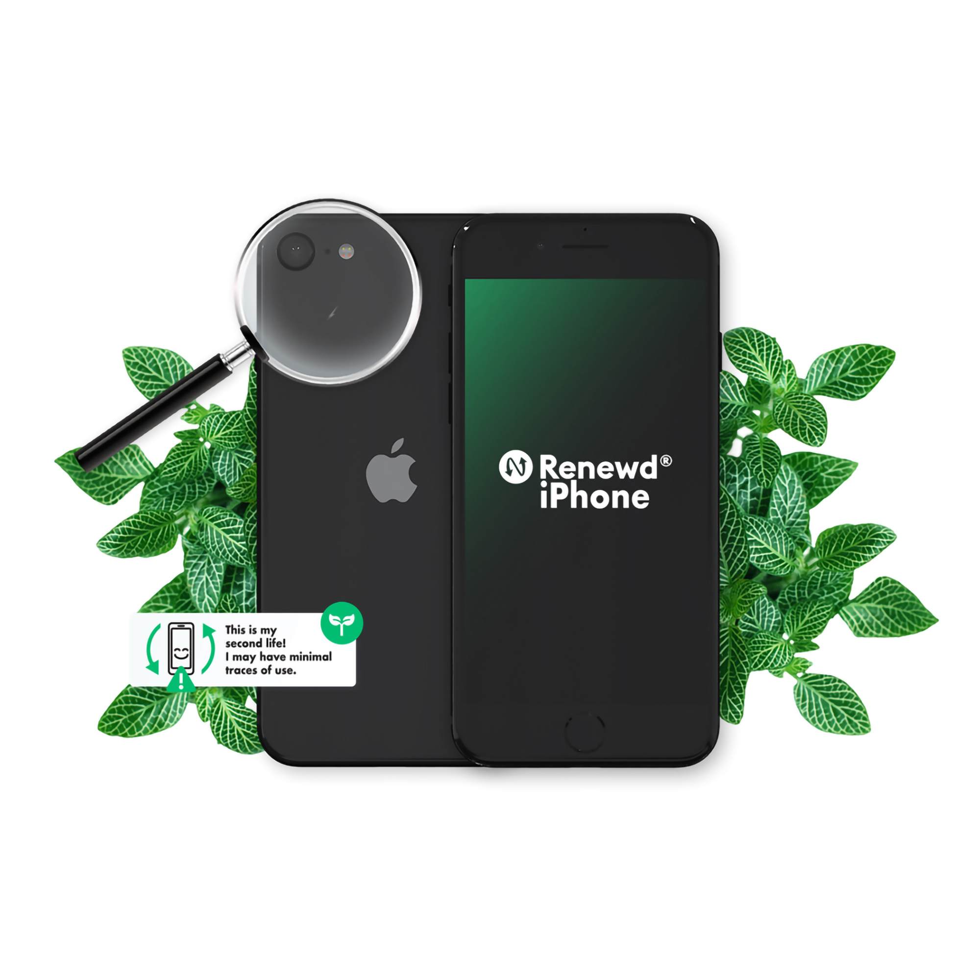 iPhone nero con lente d'ingrandimento, foglie verdi e adesivo che dice "seconda vita."