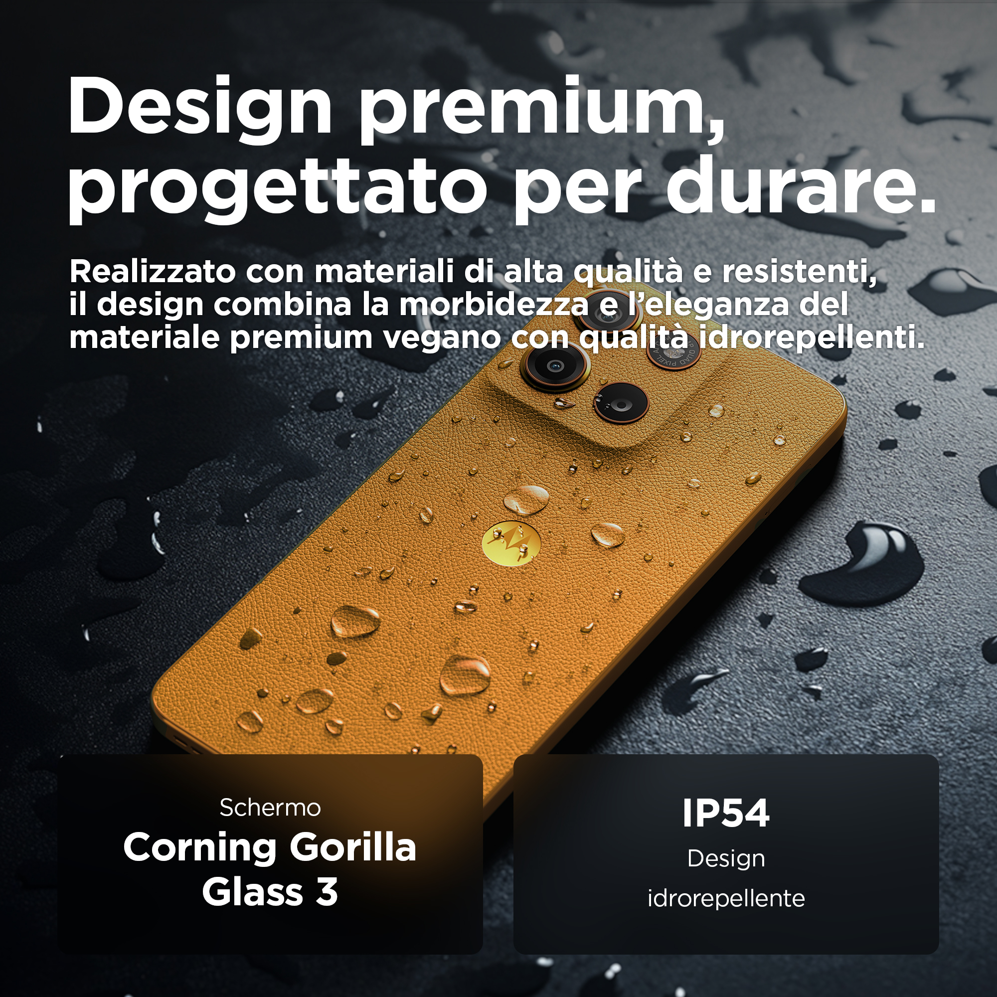 Gelbes Telefon mit Wassertropfen. Text über Design und Funktionen.