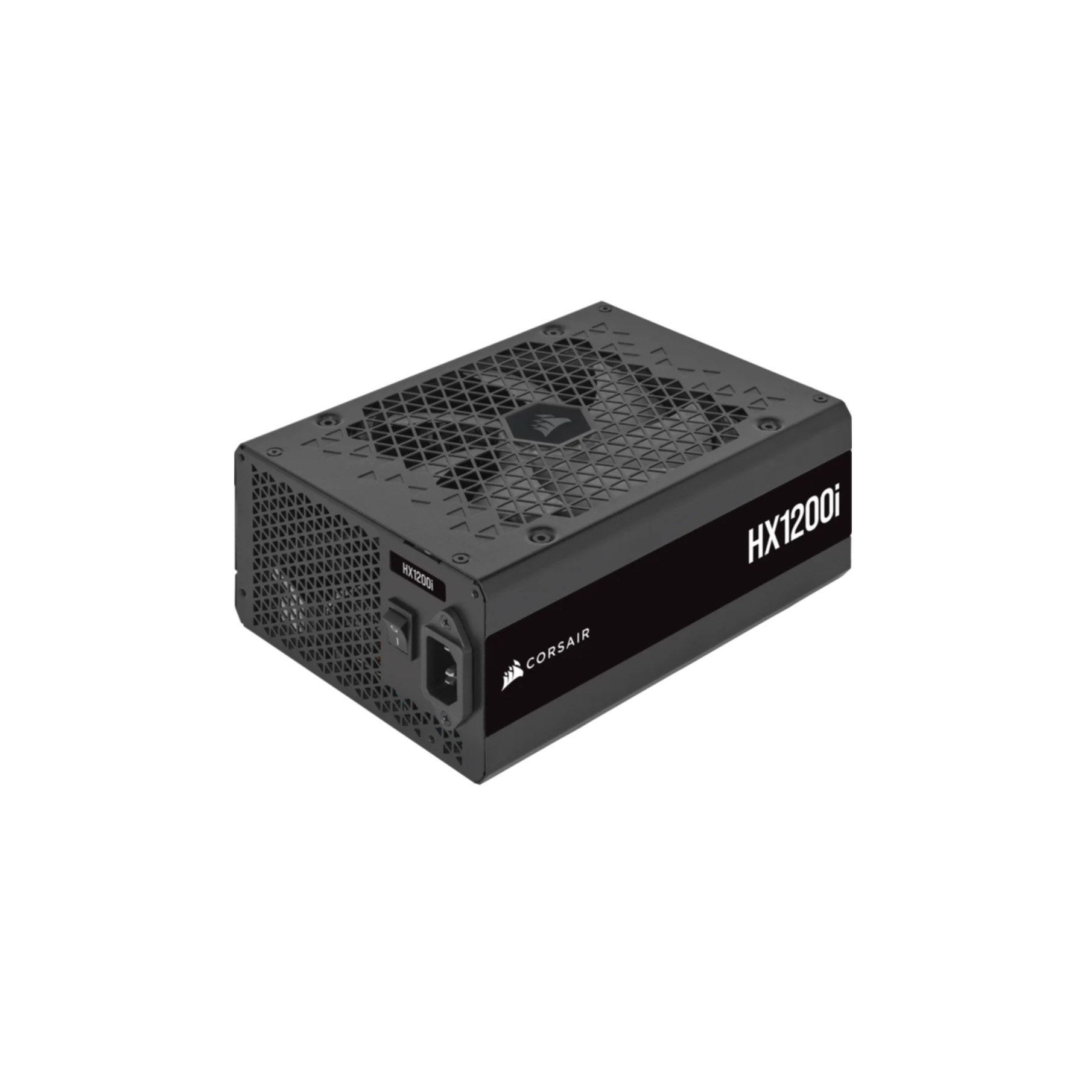 Alimentatore per computer nero con logo Corsair. Parte superiore perforata.