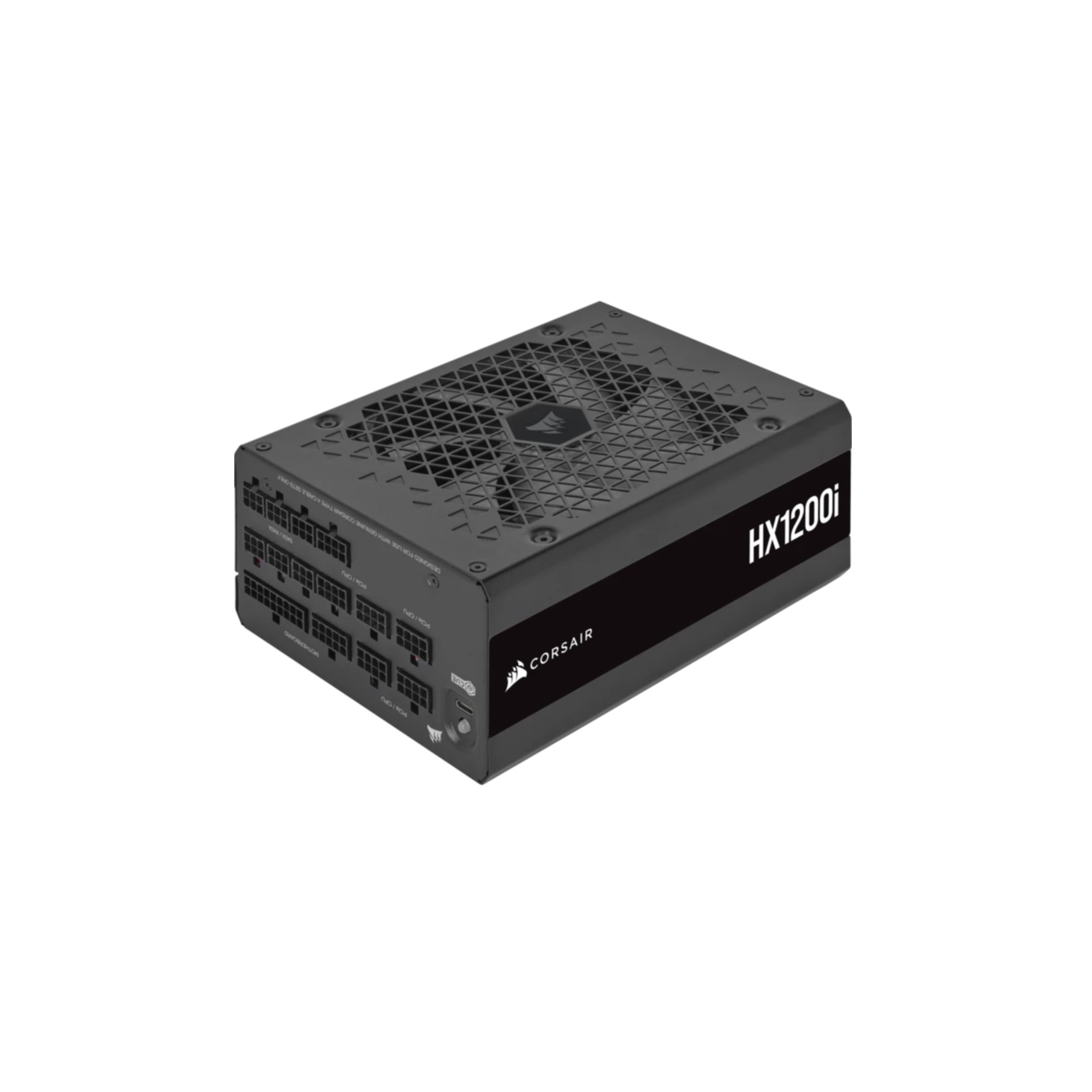 Un alimentatore nero con più porte e un'etichetta che dice 'HX1200i' e 'Corsair'.