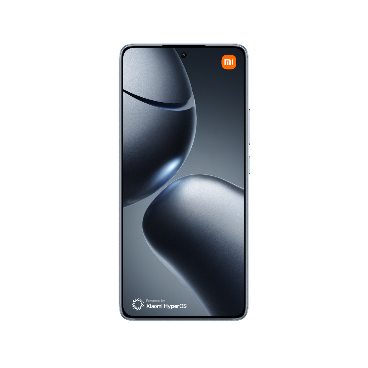 Un telefono blu con schermo curvo mostra un'immagine astratta metallica. Il logo Xiaomi è visibile.