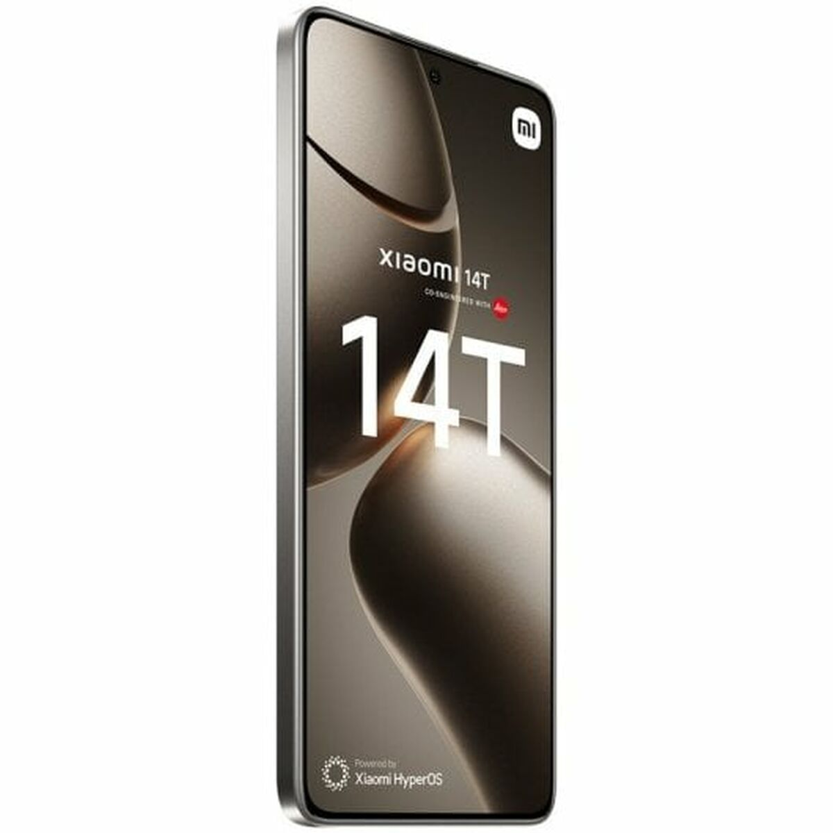 Smartfon Xiaomi 14T w srebrnej ramce, pokazujący ekran z marką i nazwą modelu.