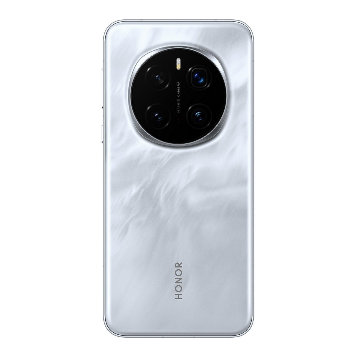 Biały tył telefonu, cztery aparaty i logo Honor. Czarne tło.