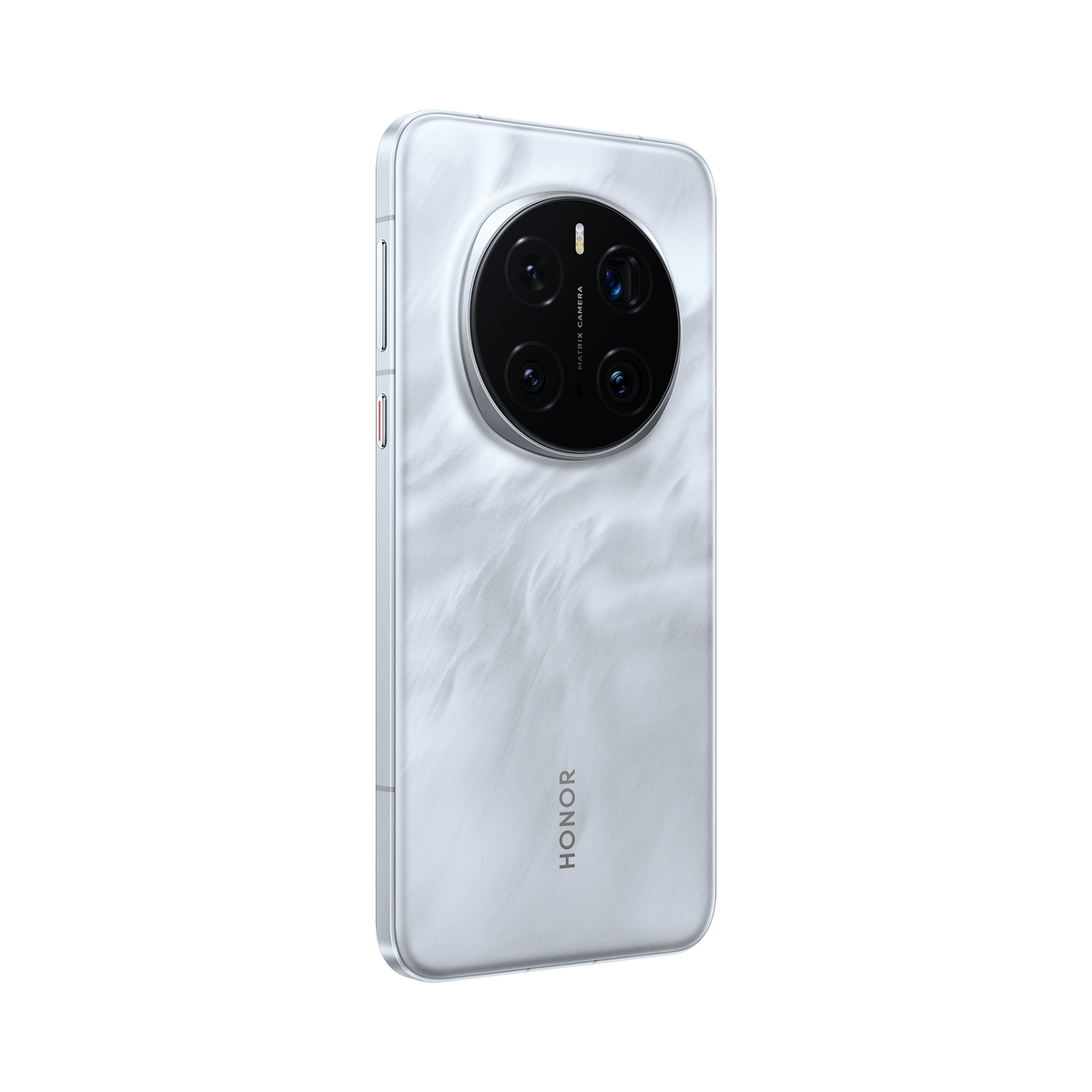 Biały telefon z logo HONOR i dużym modułem aparatu. Tył ma białą, wirującą teksturę.