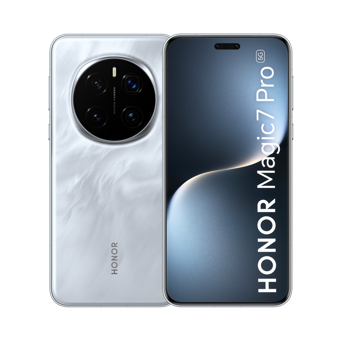 Biały telefon Honor Magic7 Pro. Wyświetlacz z dwoma ekranami. Z tyłu znajduje się zestaw kamer. Czarne tło.