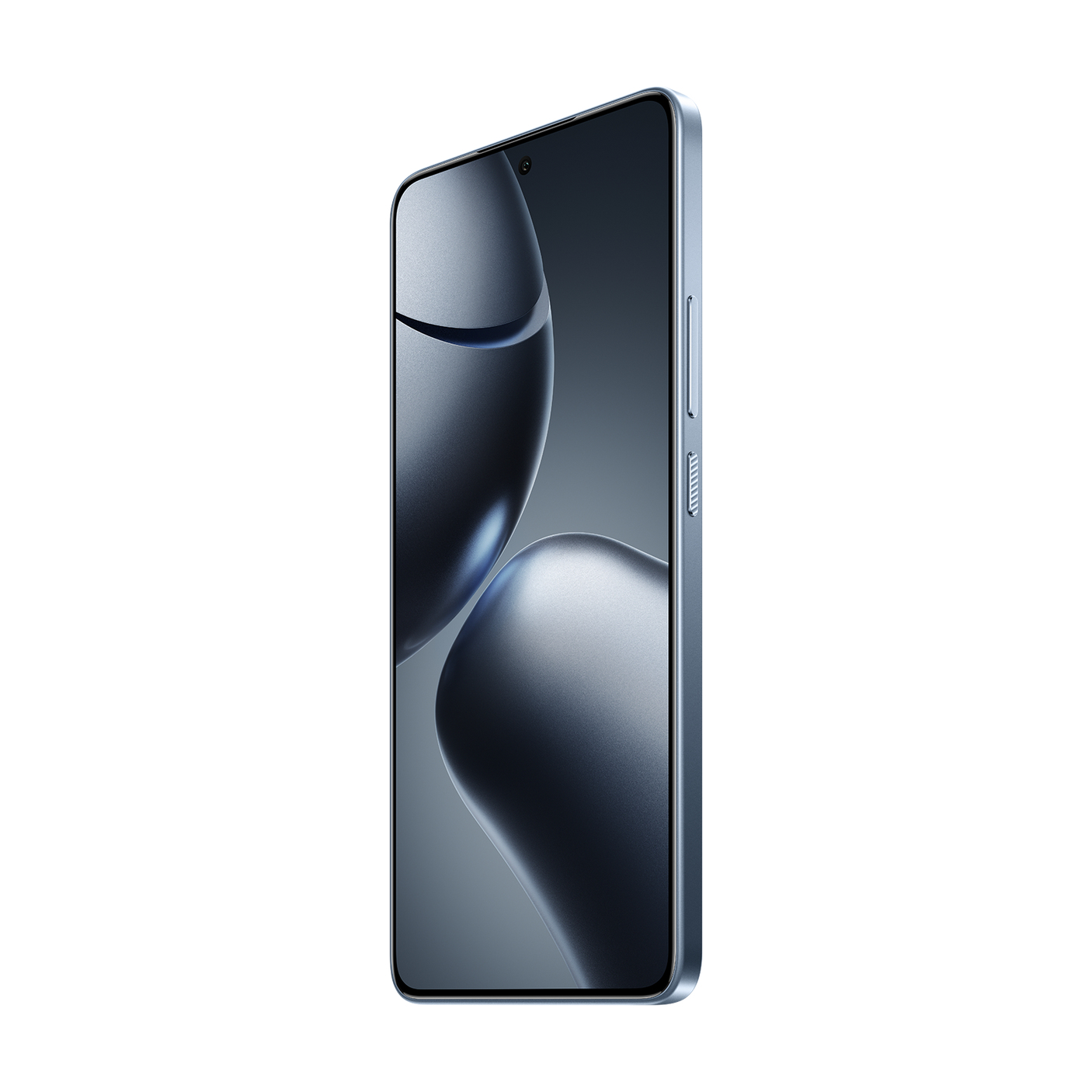 Un smartphone azul ligeramente inclinado, mostrando una pantalla curva con formas abstractas.