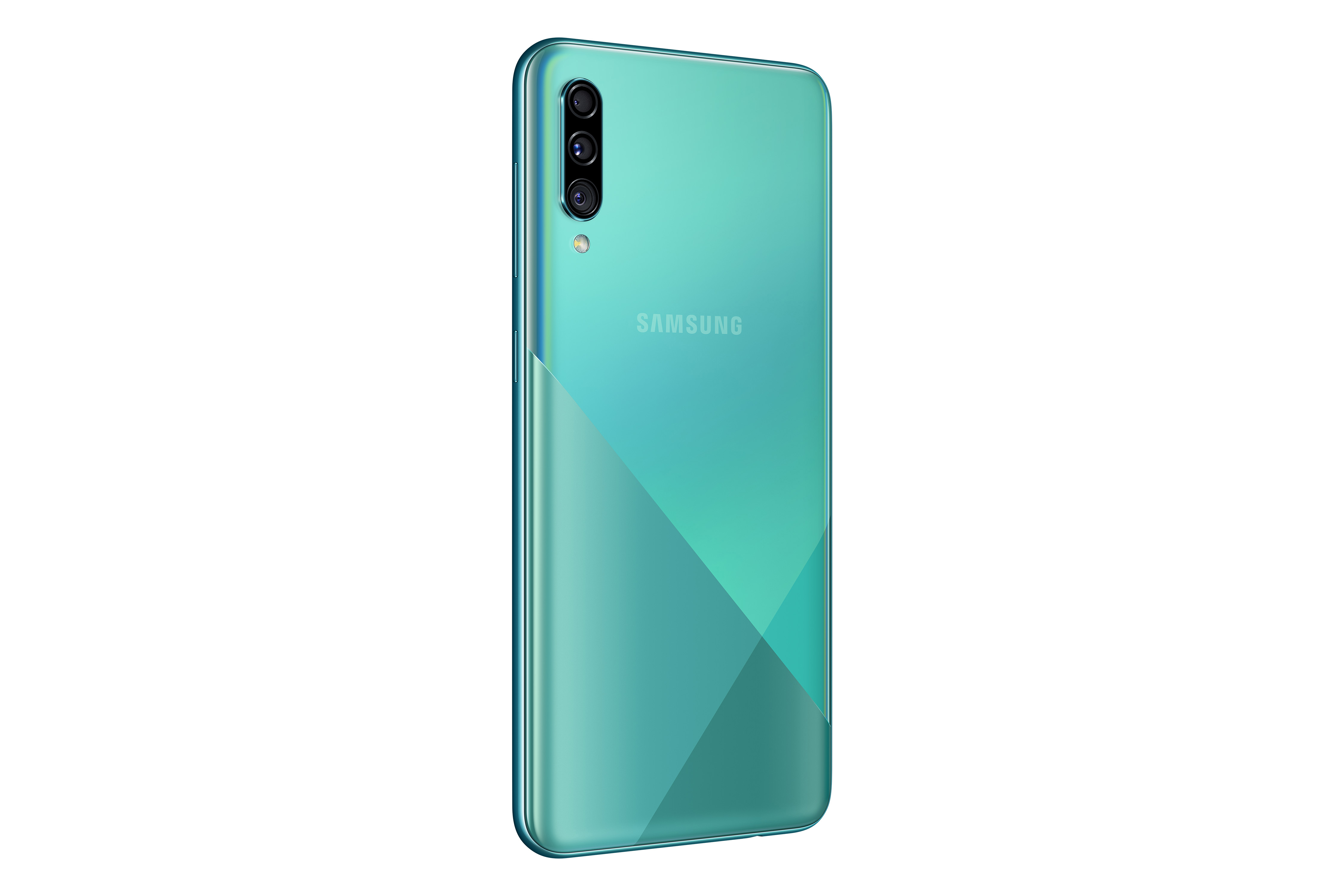 Rückseite eines grün gefärbten Samsung-Telefons mit drei Kameras. Das Telefon hat eine hellgrüne Farbe.