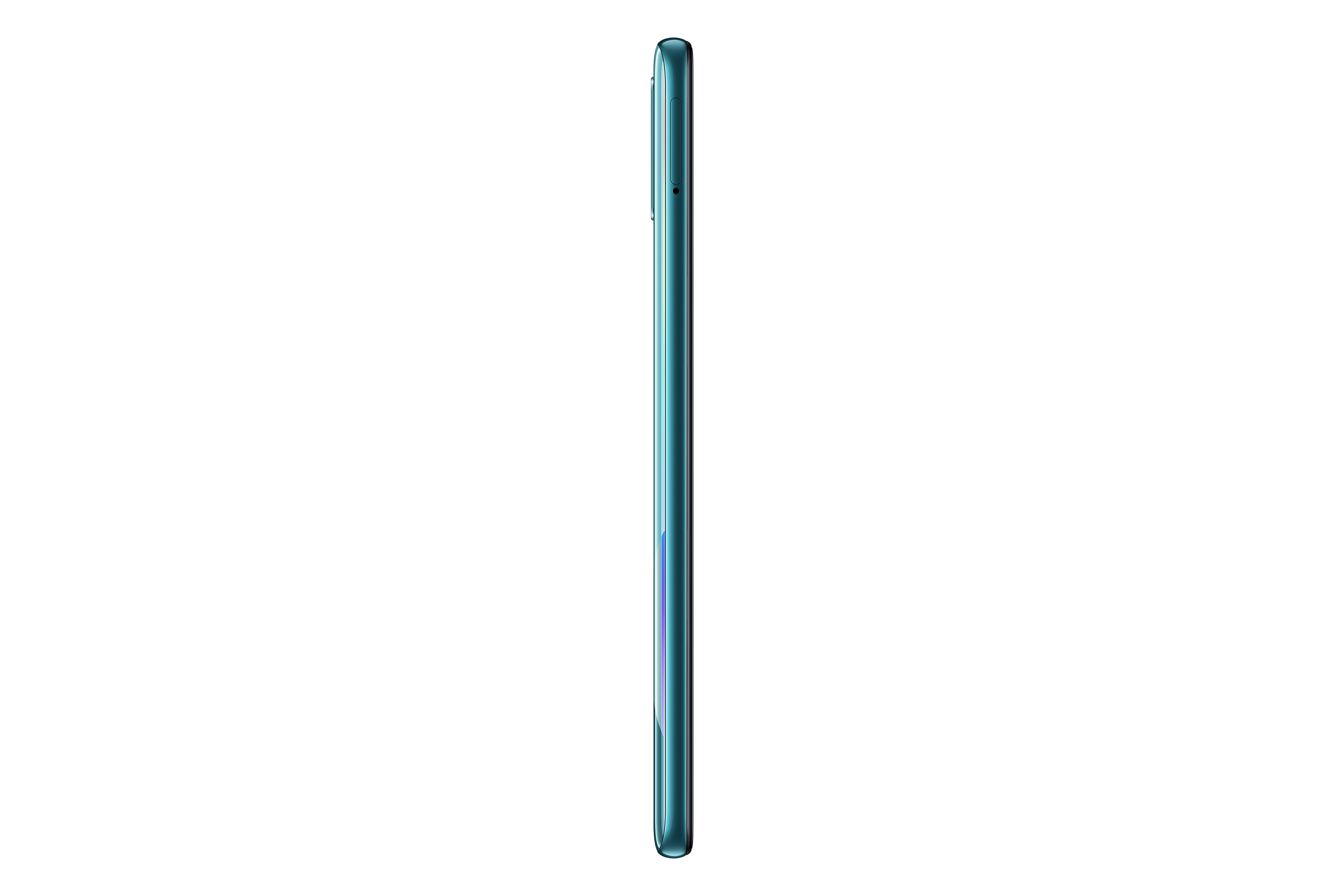 Seitenansicht eines türkisfarbenen Smartphones. Das Telefon hat einen dünnen Rahmen und glänzendes Finish, vor Weiß.