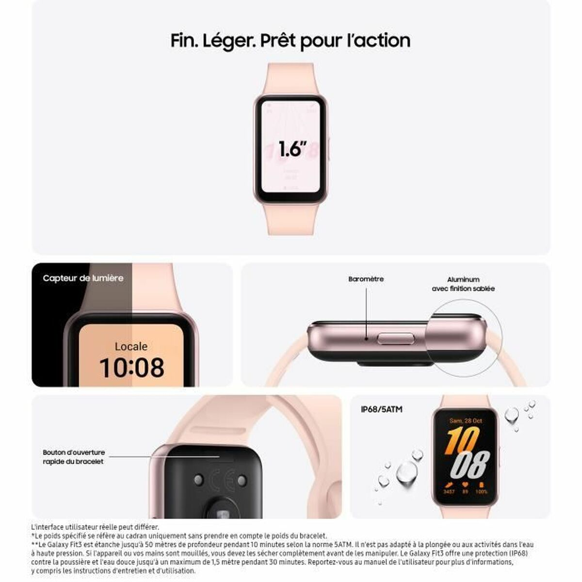 Eine Smartwatch mit pinkfarbenem Armband, die Zeit und Datum anzeigt. Details sind ebenfalls abgebildet.