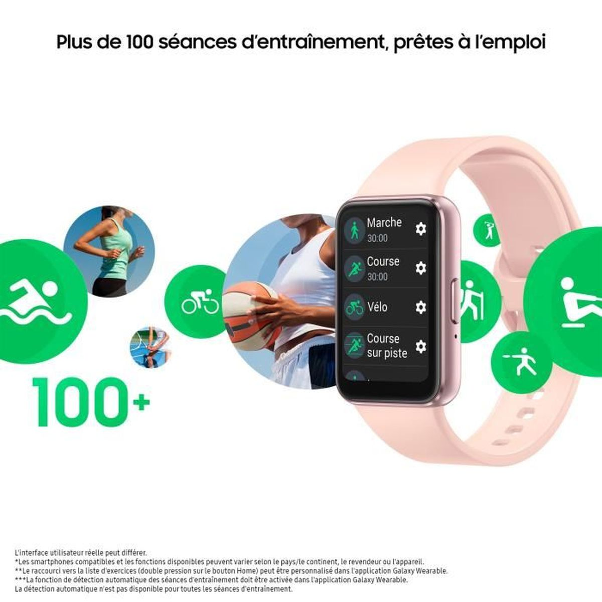 Eine rosa Smartwatch mit Fitness-App-Symbolen und Grafiken auf dem Bildschirm.