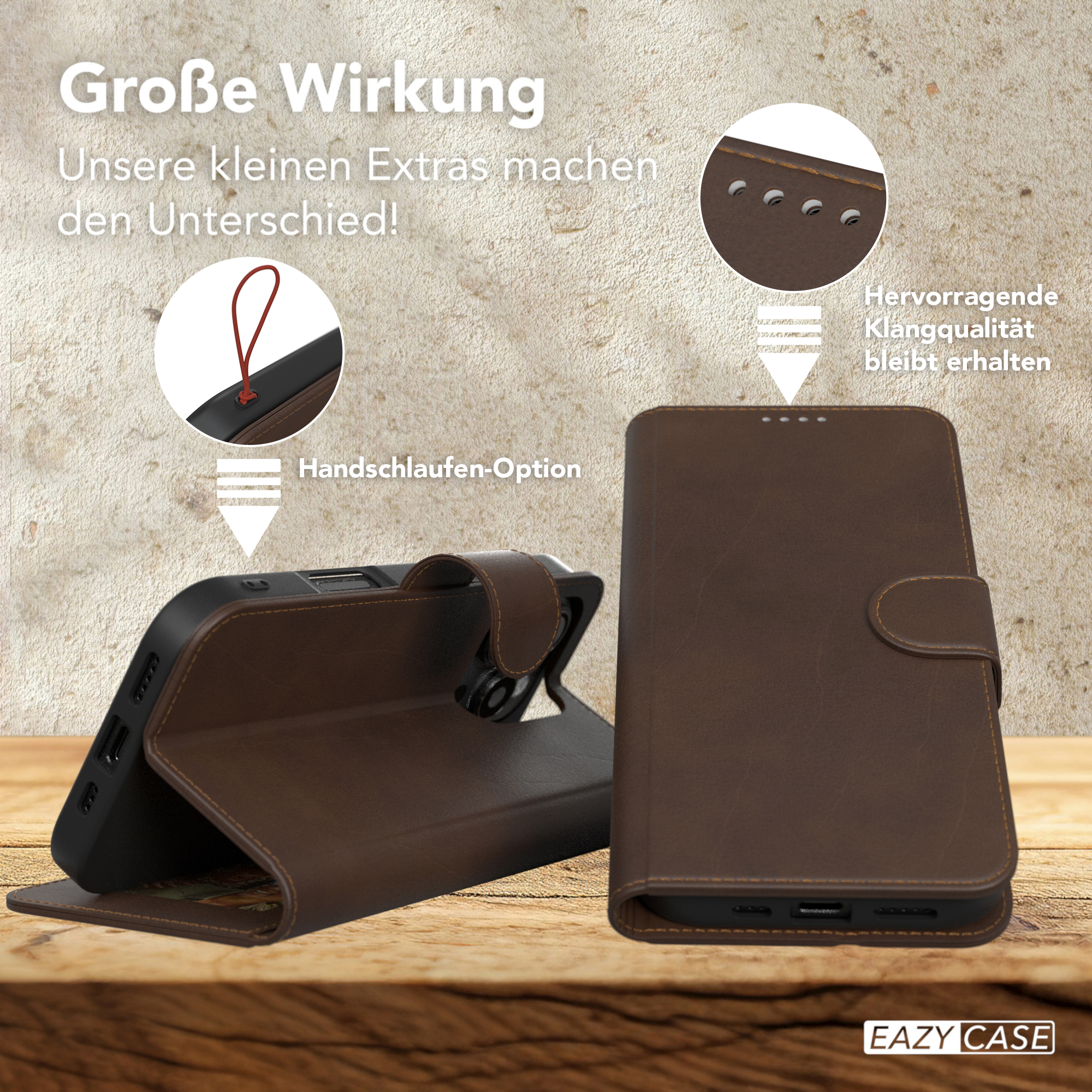 Eine braune Leder-Handyhülle mit einem Telefon darin. Das Telefon ist geöffnet und es gibt Nahaufnahmen von der Hülle.