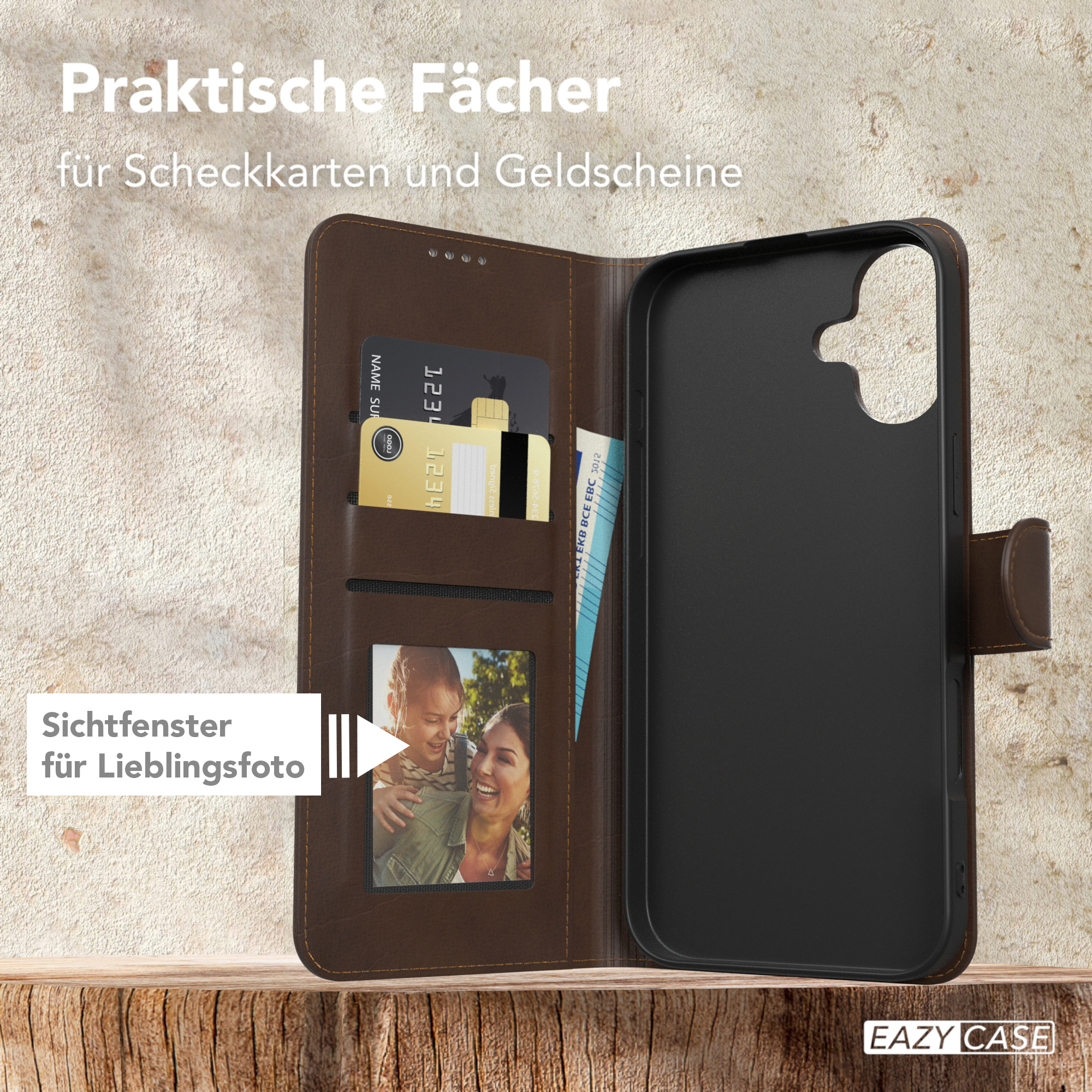Braune Handyhülle mit Kartenfächern und einem Foto. Darin befinden sich eine Frau und ein Kind.