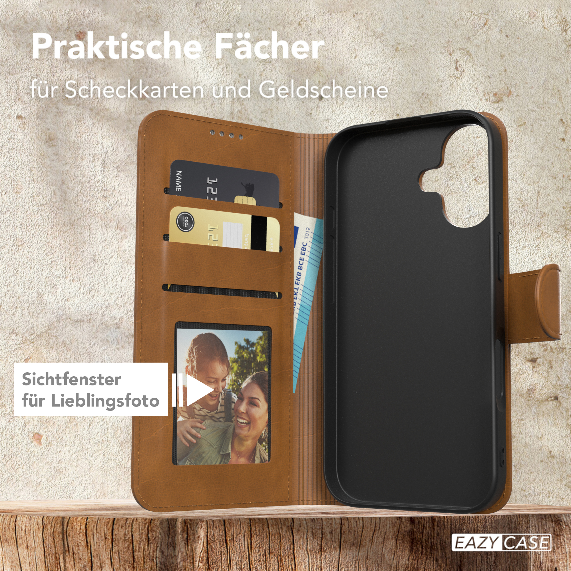 Braune Leder-Handyhülle mit Kartenfächern, Foto und Geldschein, auf Holzoberfläche.