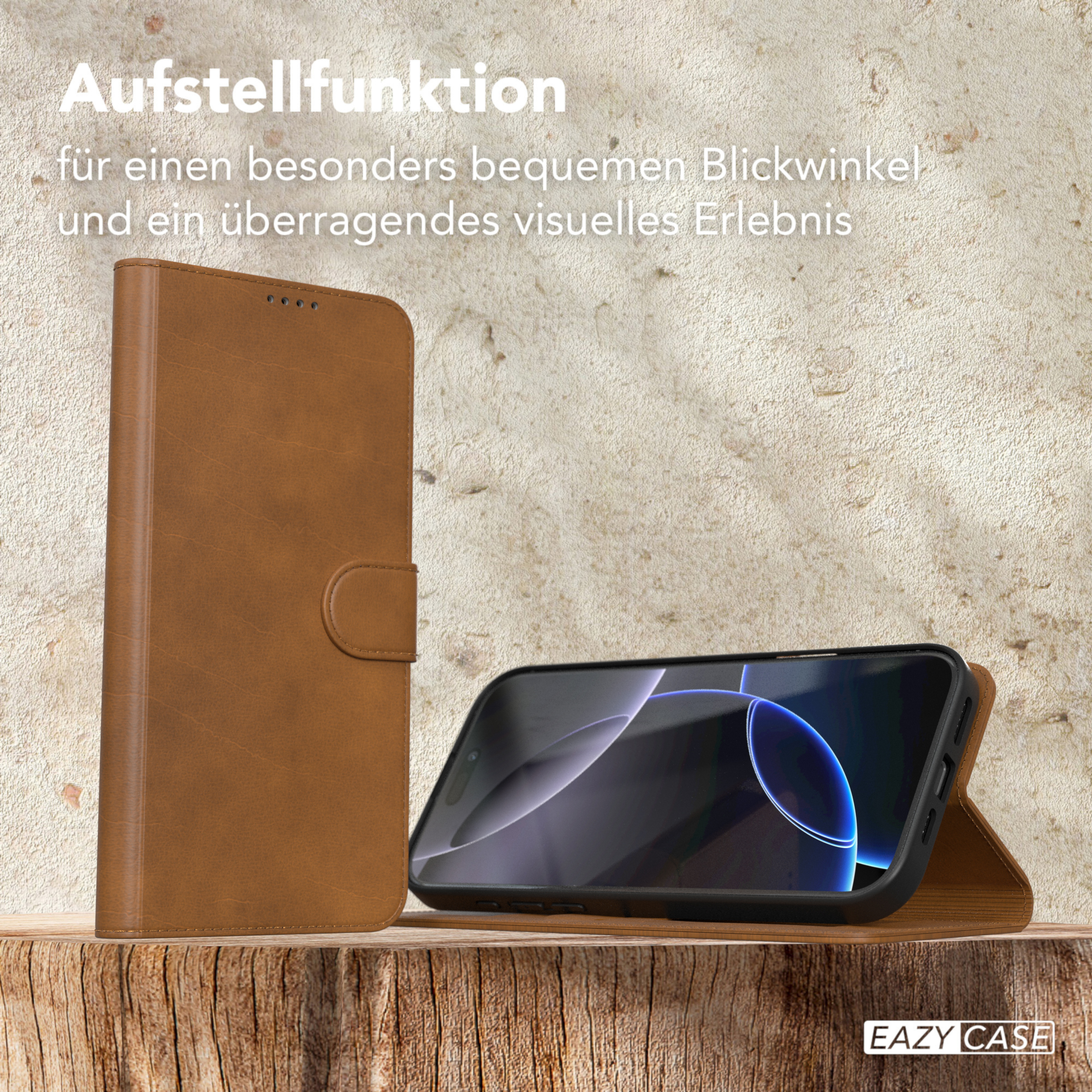 Braune Leder-Handyhülle mit Ständer, hält ein schwarzes Telefon mit hellblauem Bildschirm.