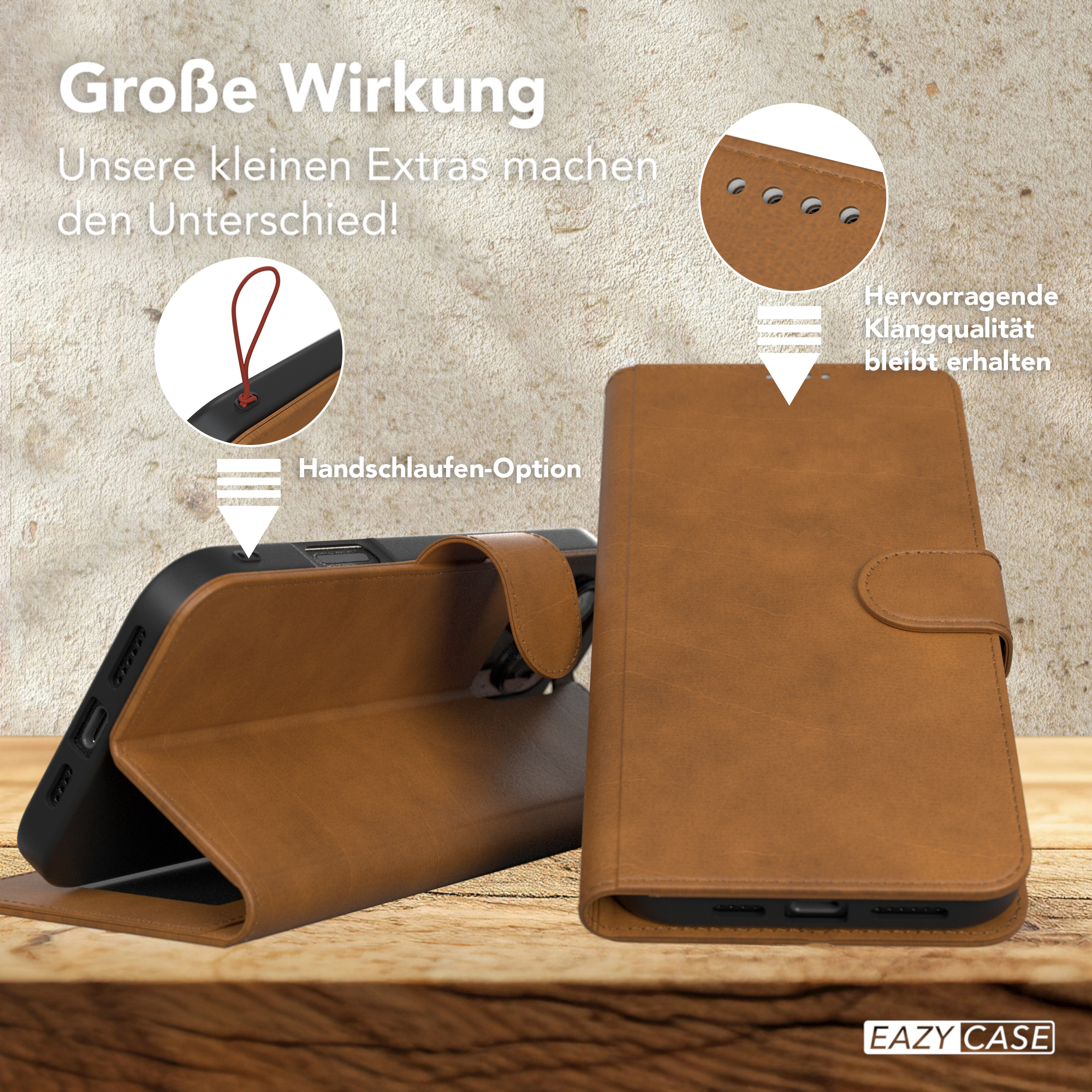 Braune Handyhülle mit Telefon darin, auf einer Holzoberfläche.