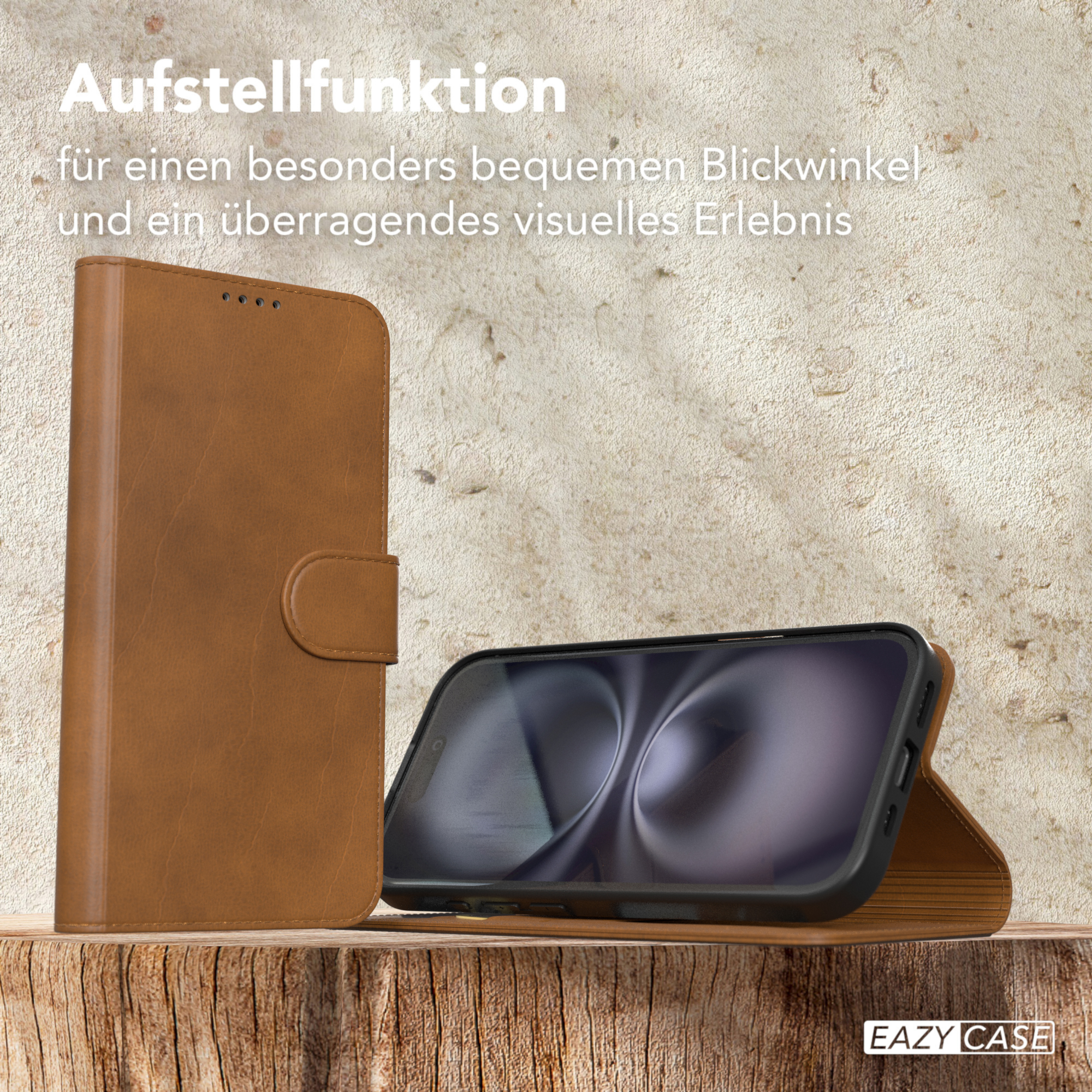 Eine braune Leder-Handyhülle, mit einem Telefon in der Hülle.