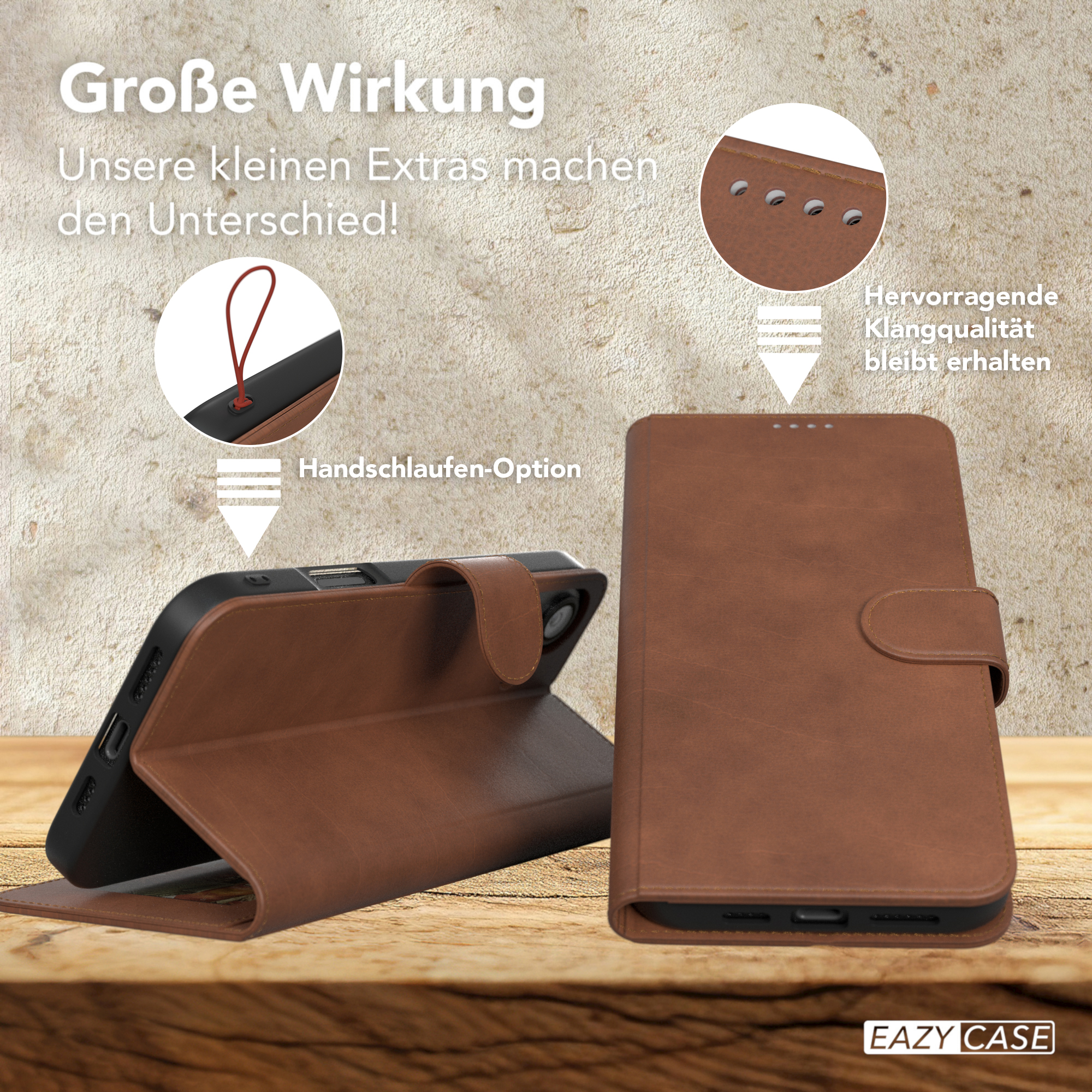 Eine braune Handyhülle mit Telefon, mit roter Schlaufe und Knopfverschluss.