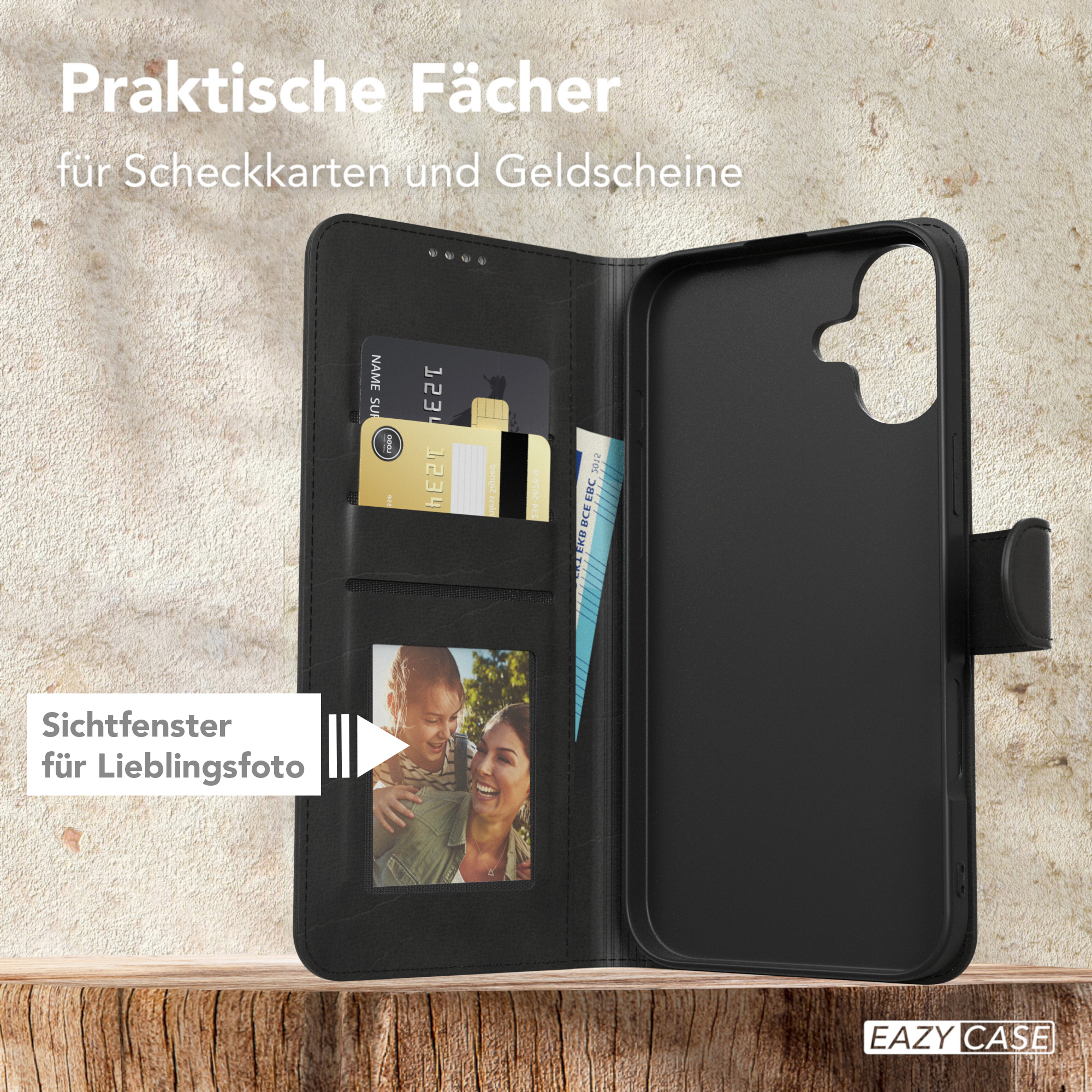 Geöffnete schwarze Handyhülle mit Kartenfächern, Fotofenster und Holzoberflächen-Hintergrund.