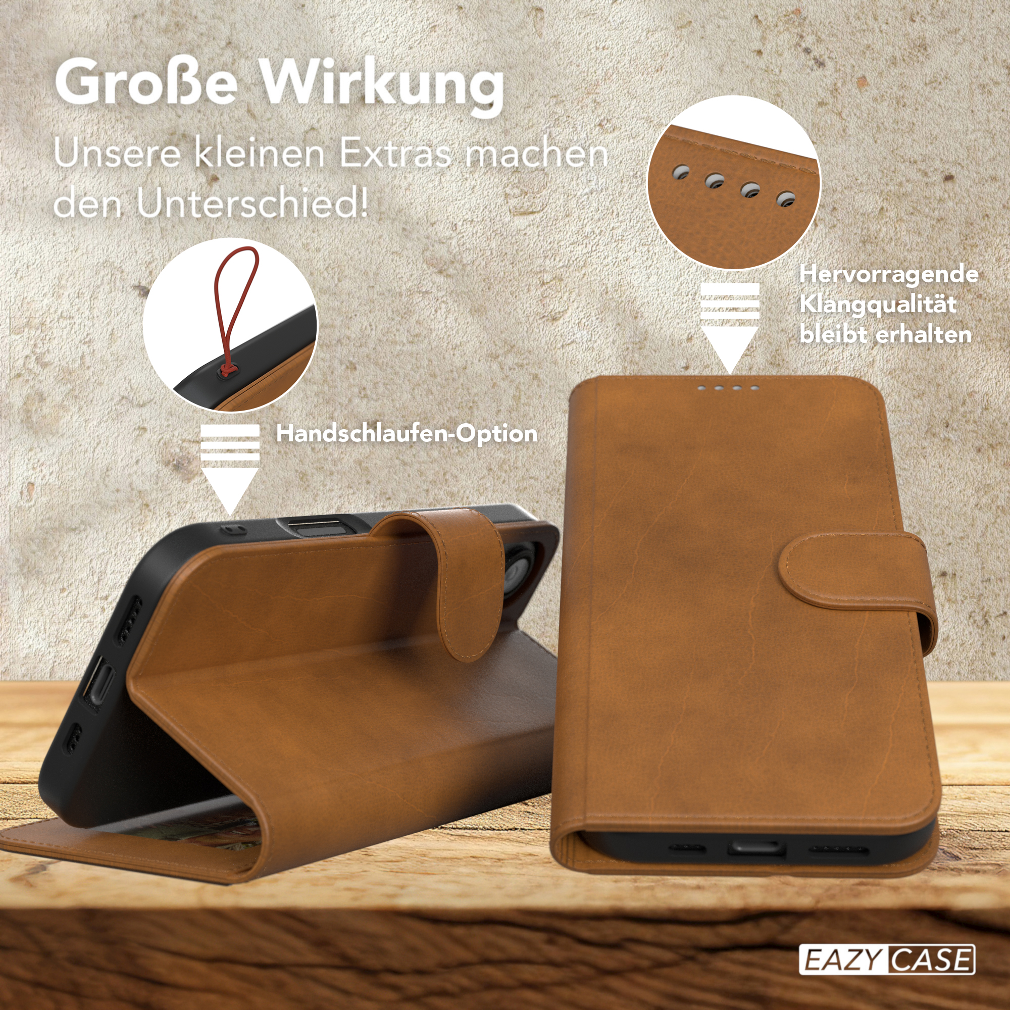 Braune Leder-Handyhülle, offen mit Telefon. Nahaufnahme Details.