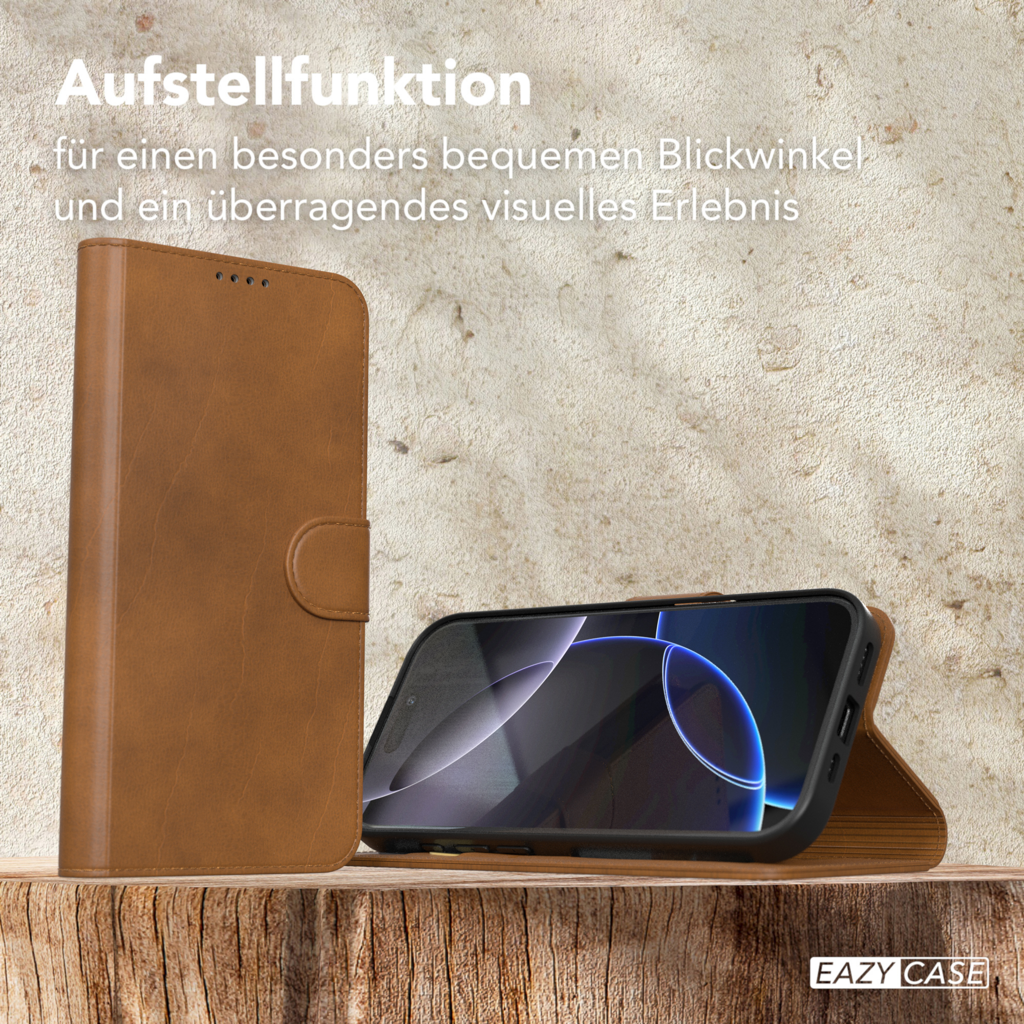 Braune Handyhülle offen, mit Telefon darin. Text über Betrachtungswinkel und visuelles Erlebnis.
