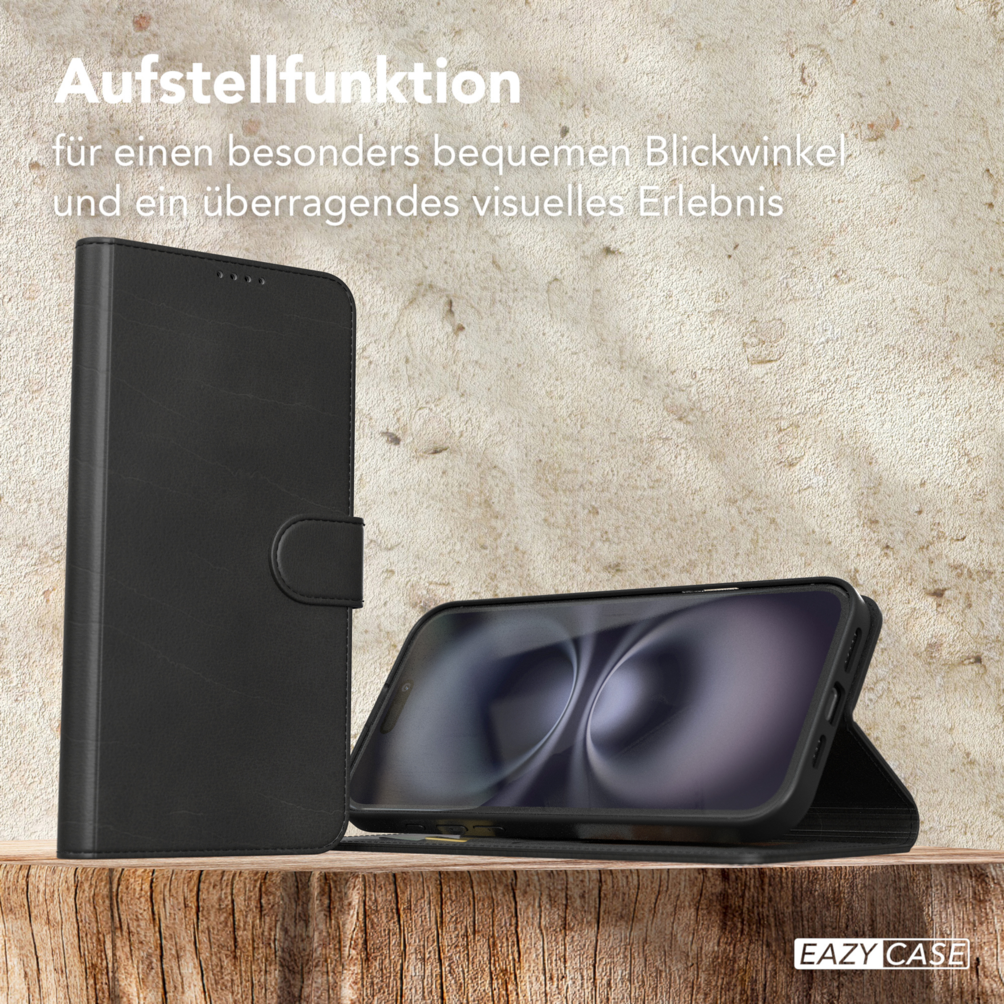 Schwarze Handyhülle auf Holztisch, Telefon ist aufgestellt.