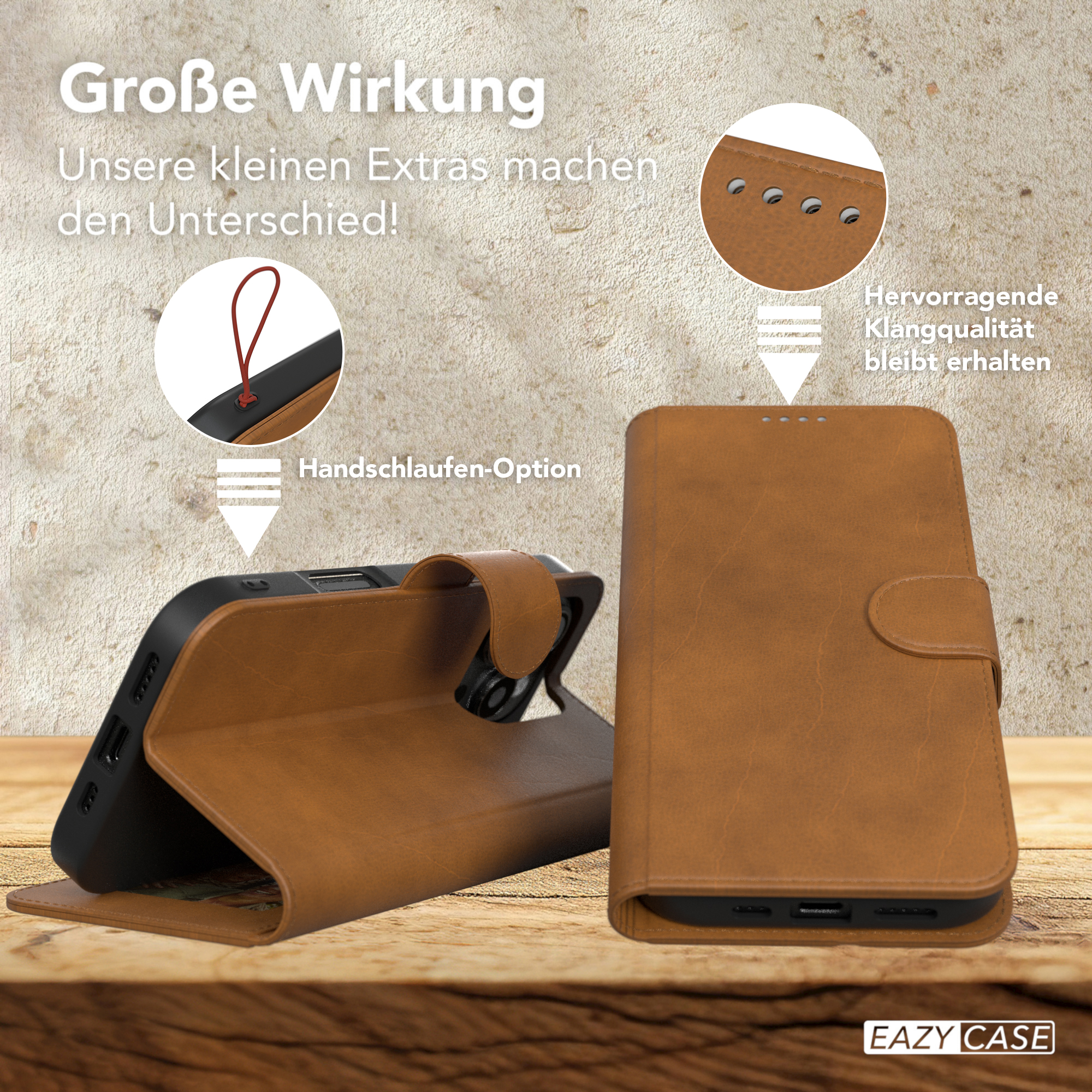 Braune Leder-Handyhülle, offen und geschlossen, mit Schlaufe für eine Handschlaufe. Hintergrund ist eine strukturierte Wand.