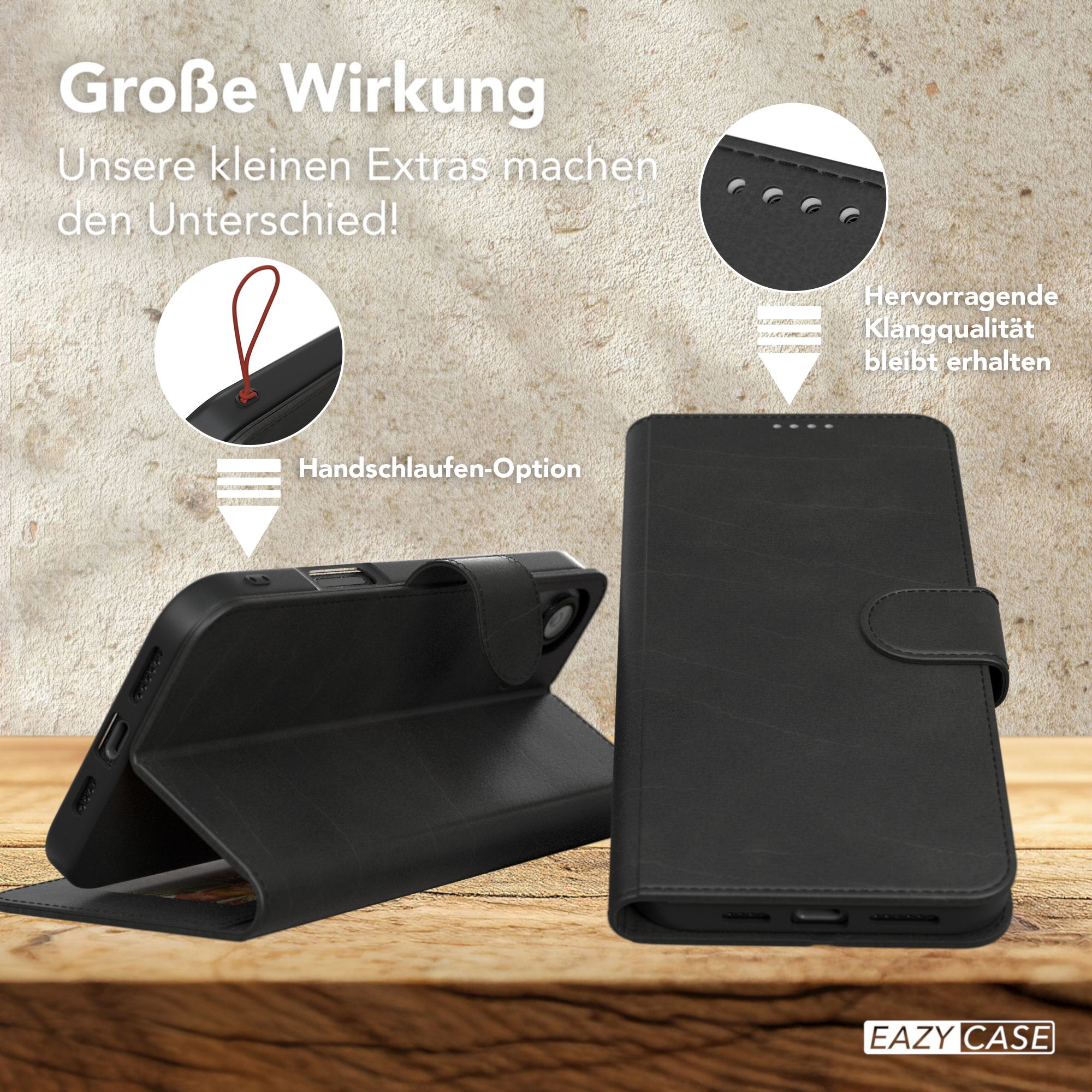Schwarze Handyhülle mit Lederstruktur, mit hervorgehobenen Details.