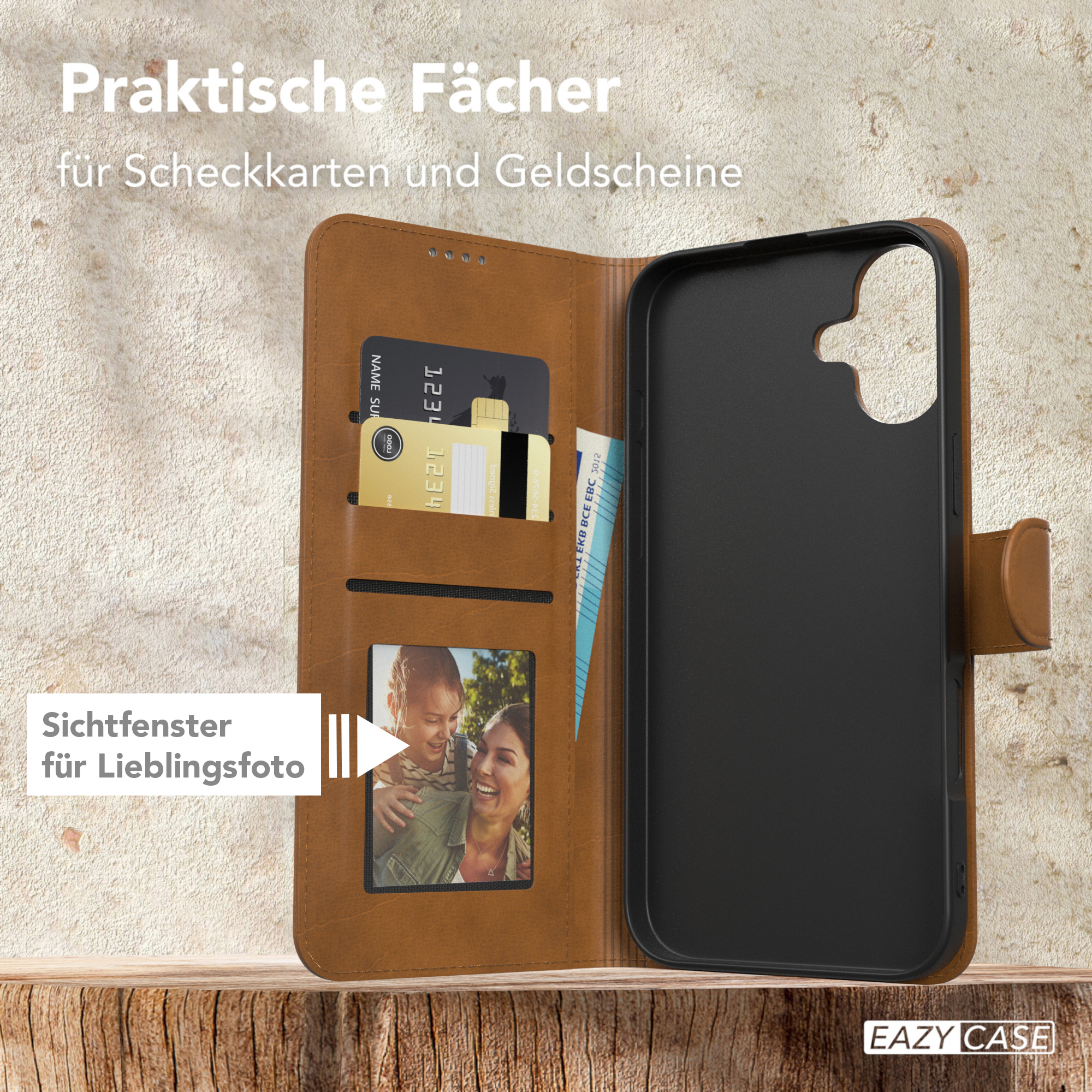 Eine braune Leder-Handyhülle mit Kreditkarten und Familienfoto sichtbar.