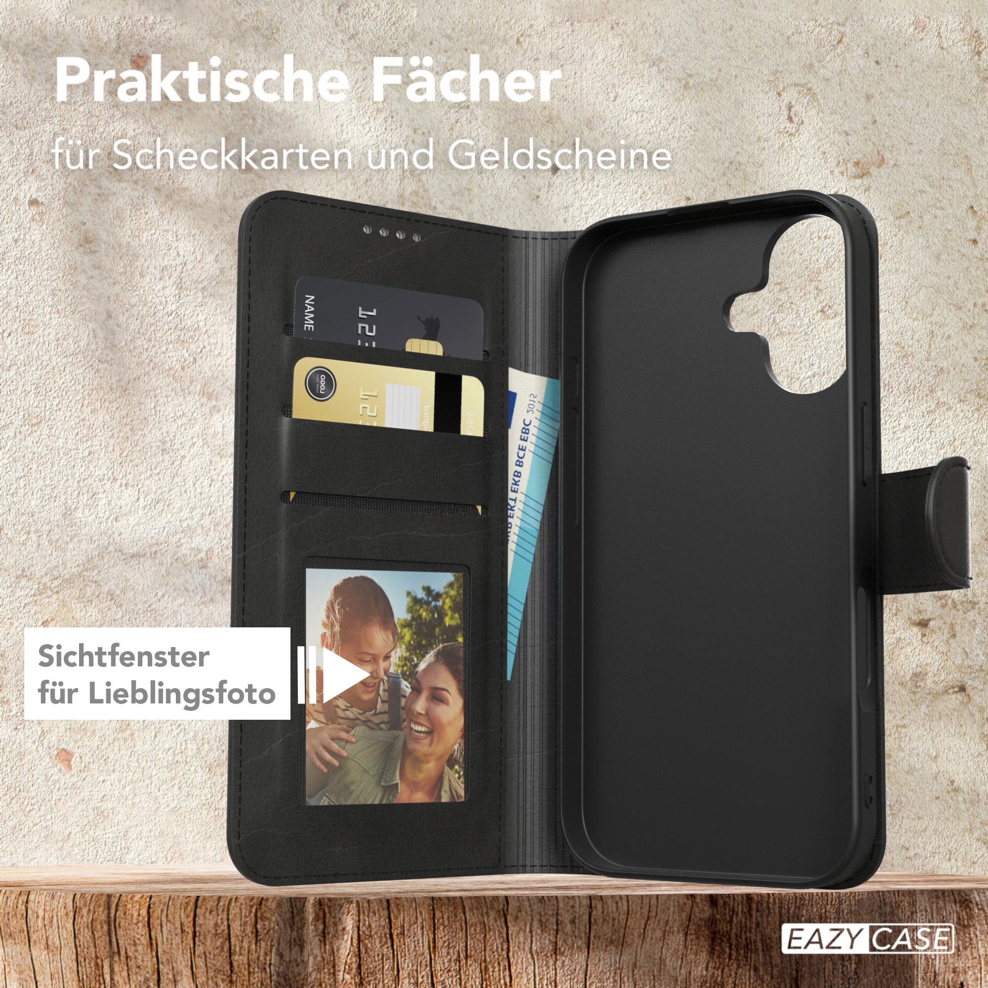 Schwarze Handyhülle, offen mit Karten und Foto. Text: Praktische Fächer für Kreditkarten und Banknoten.