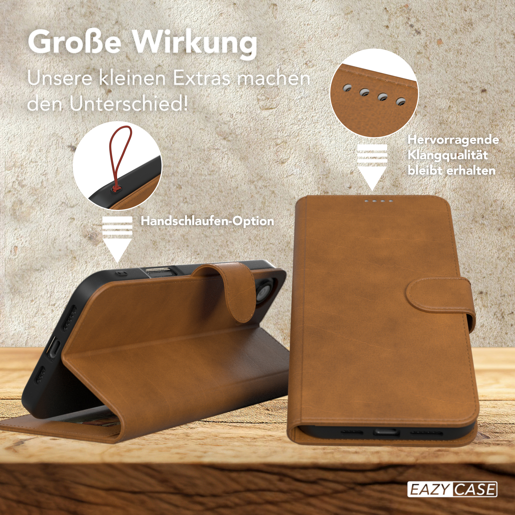 Eine braune Leder-Handyhülle, offen, mit Telefon innen und hervorgehobenen Details.