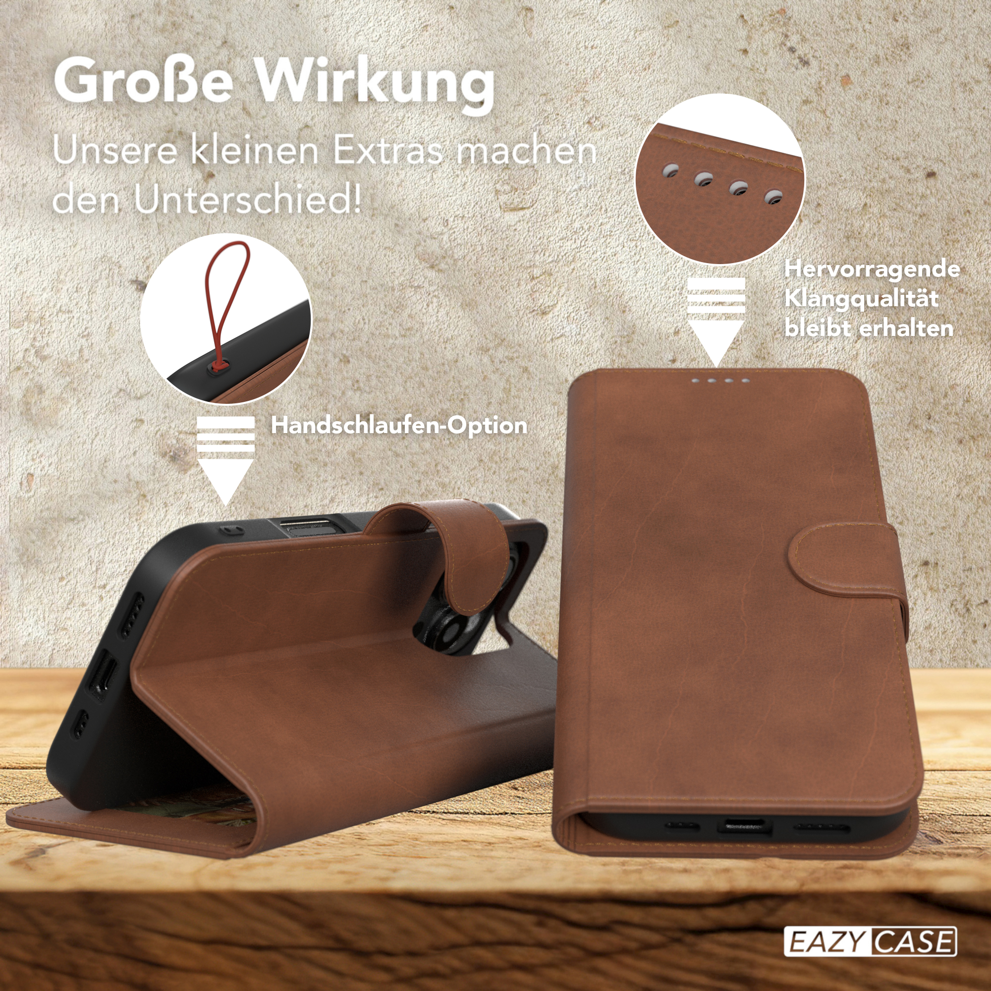 Braune Leder-Handyhülle, geöffnet, um das Telefon zu zeigen, mit Text über Funktionen.