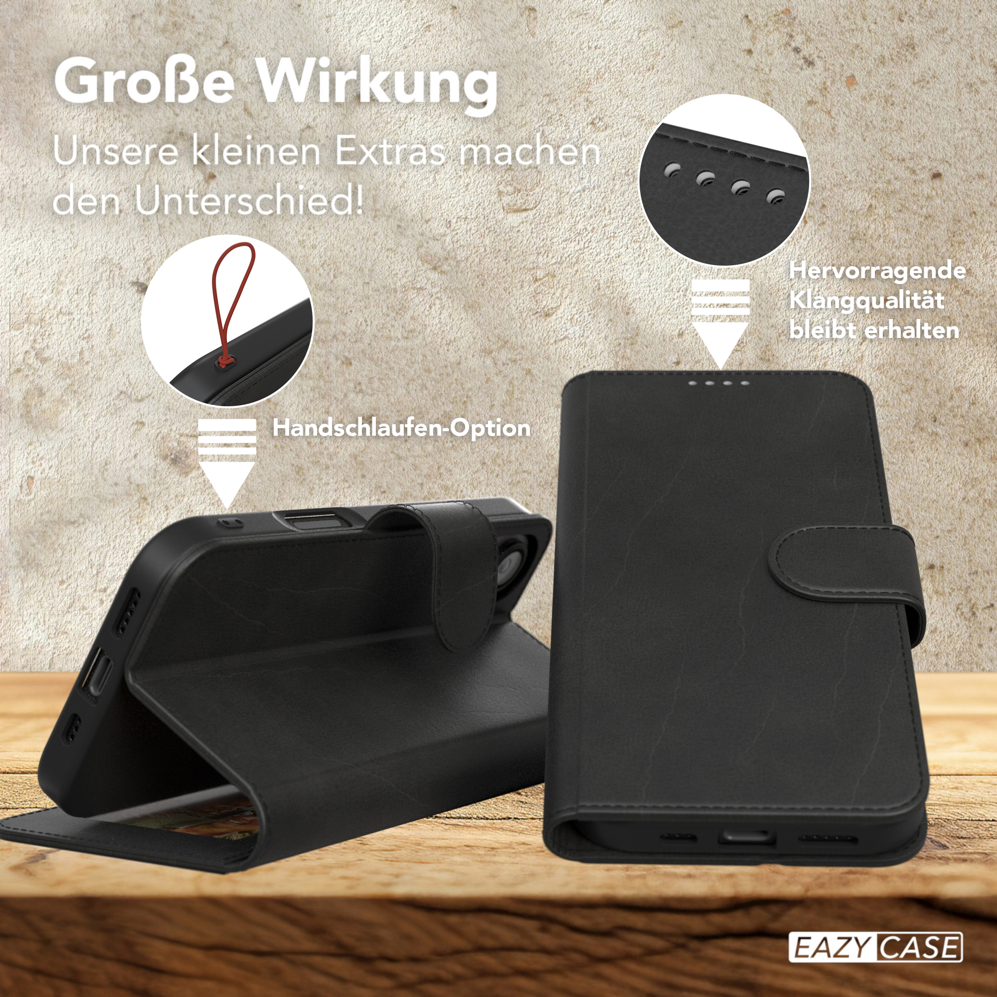 Schwarze Handyhülle geöffnet, Telefon zeigend. Text-Overlays zeigen Funktionen und Details.