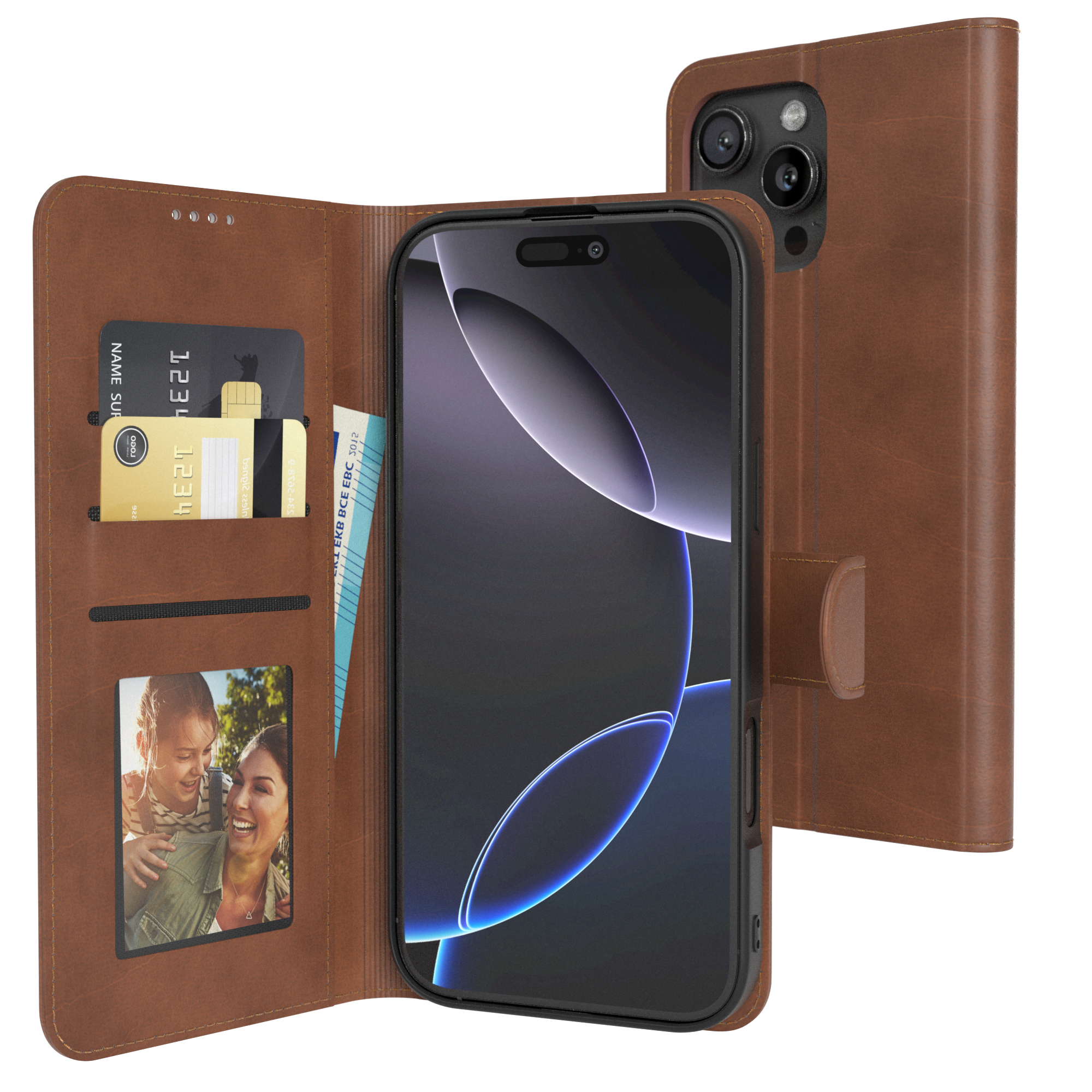 Braune Leder-Handyhülle mit Kartenfach, Telefon und Kreditkarten.
