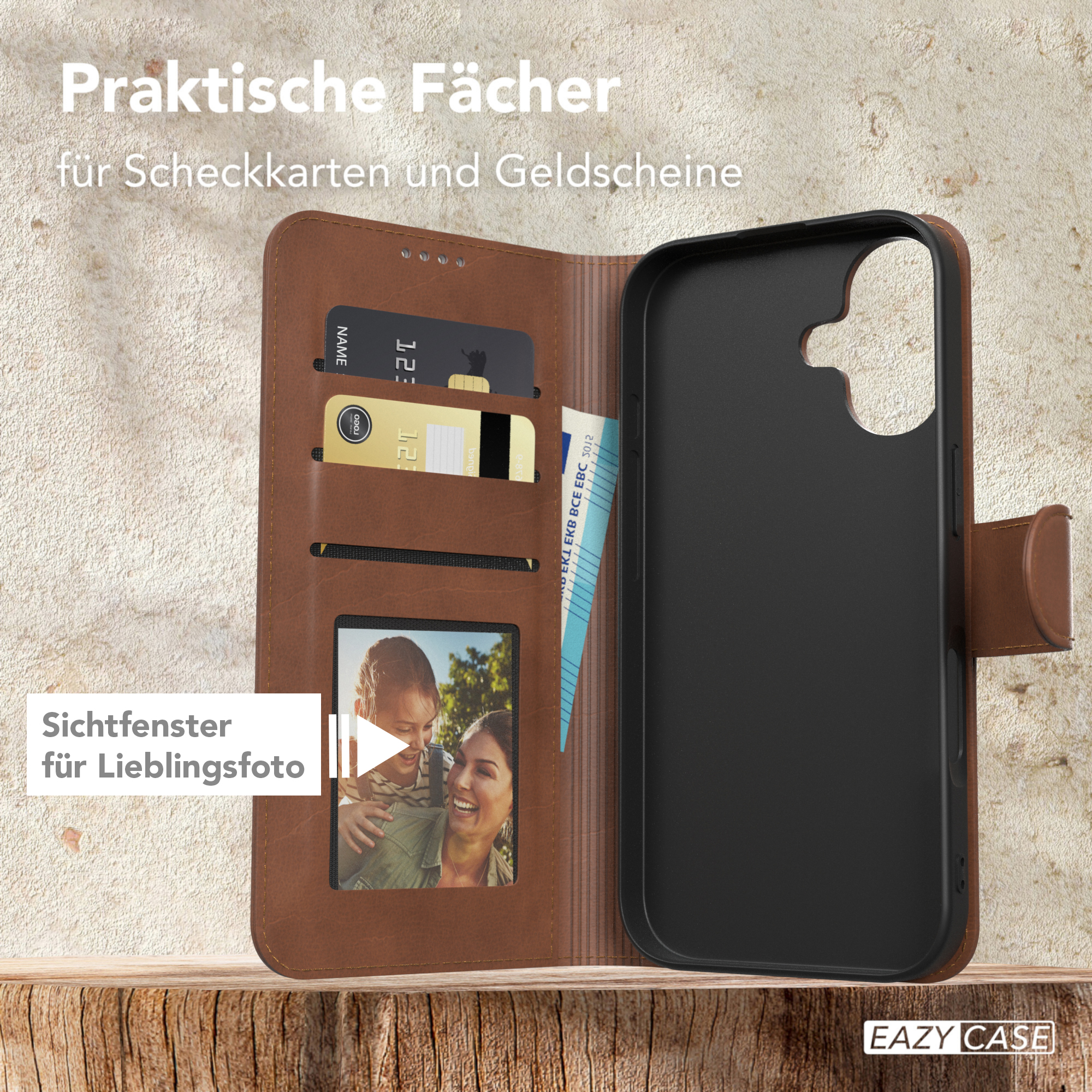Eine braune Handyhülle, offen mit Karten, Geld und einem Foto.