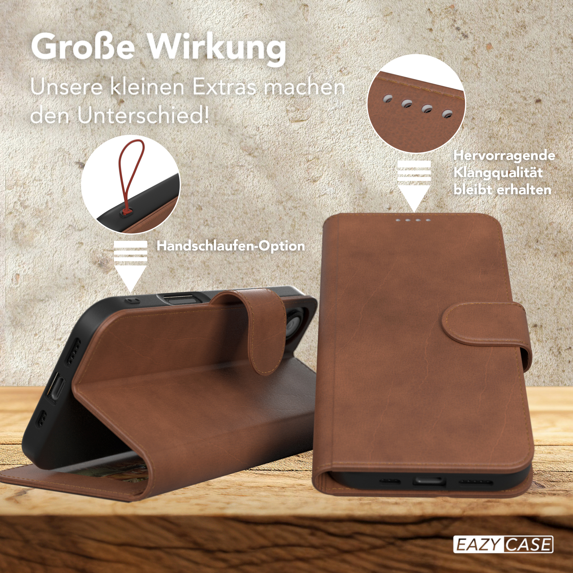 Eine braune Leder-Handyhülle, offen und geschlossen, und ein Diagramm. Der Text lautet 'Große Wirkung' und 'Handschlauf-Option'.