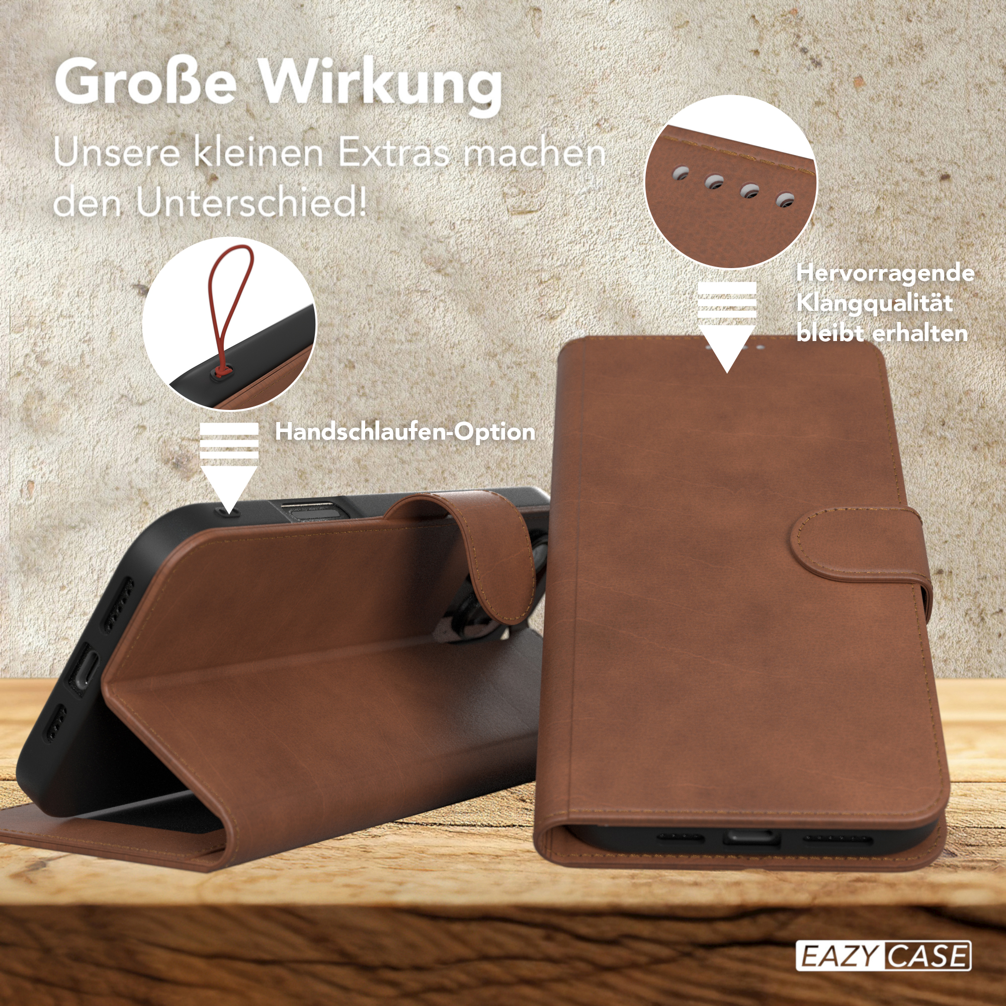 Eine Handyhülle aus braunem Leder mit einem teilweise darin befindlichen Telefon und einer Textblase.