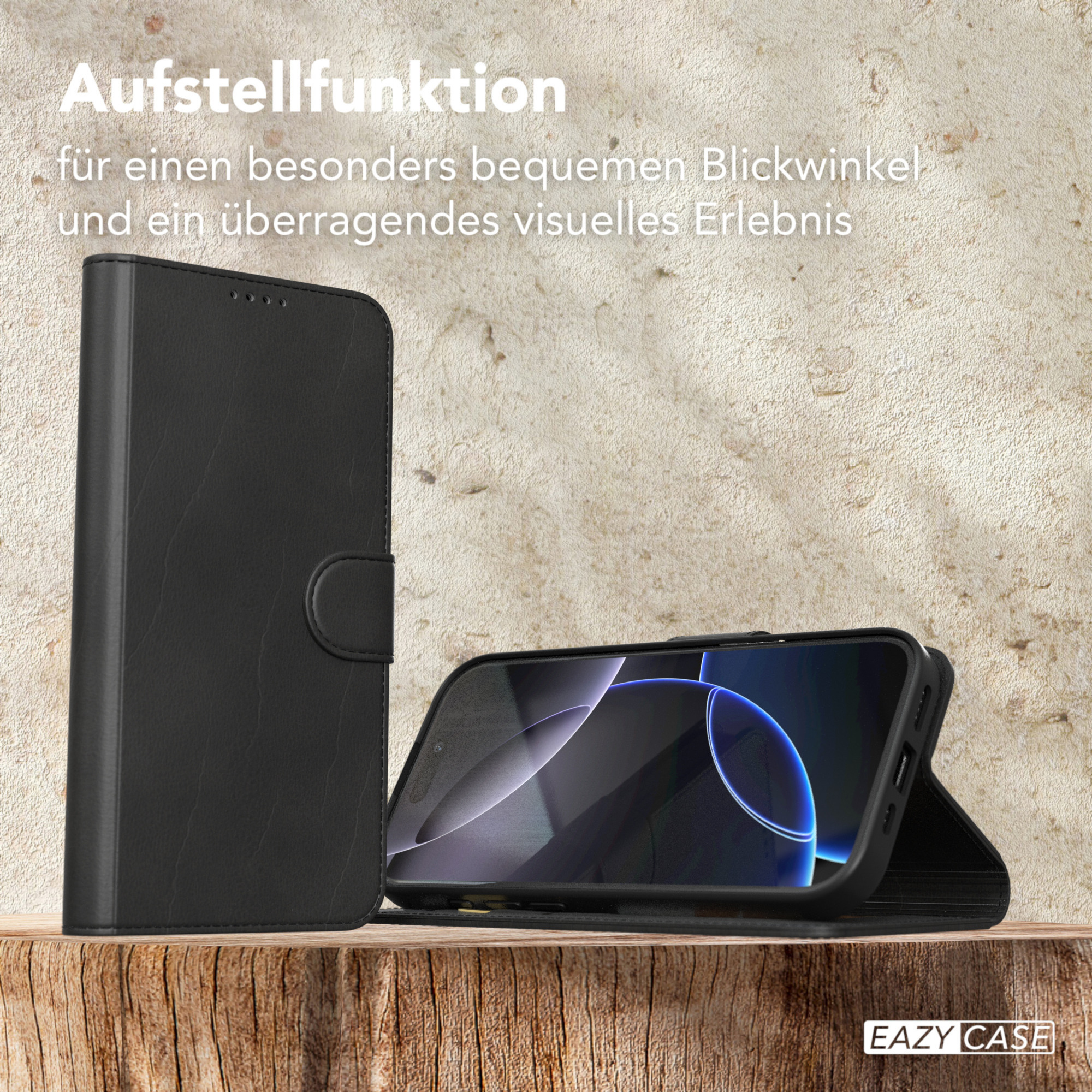Eine schwarze Handyhülle mit einem Telefon darin, das auf einer Holzoberfläche lehnt. Text oben: 'Aufstellfunktion'.