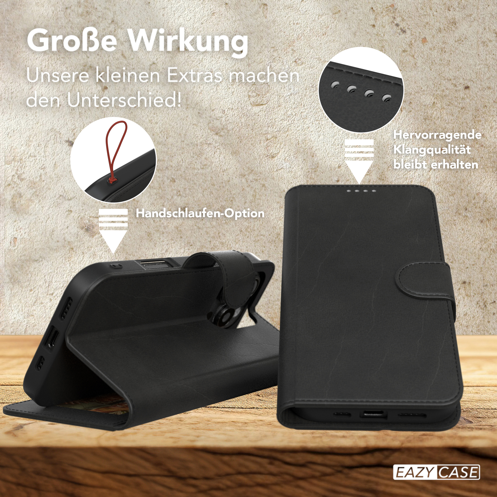 Schwarze Handyhülle mit Klappdeckel, zeigt Telefon in Gebrauch und Nahaufnahme der Funktionen.
