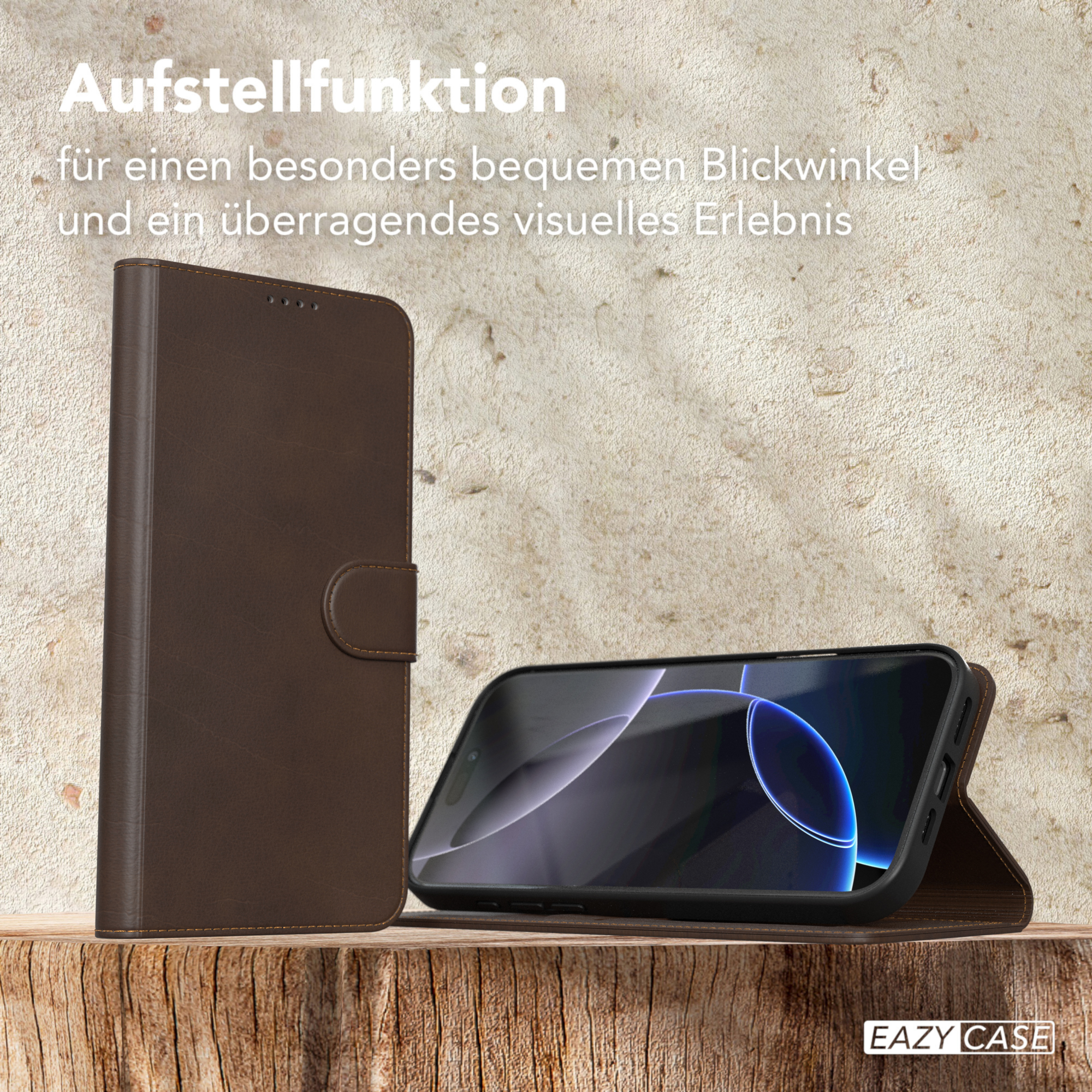 Braune Leder-Handyhülle mit Telefon, aufgestellt. Text oben.