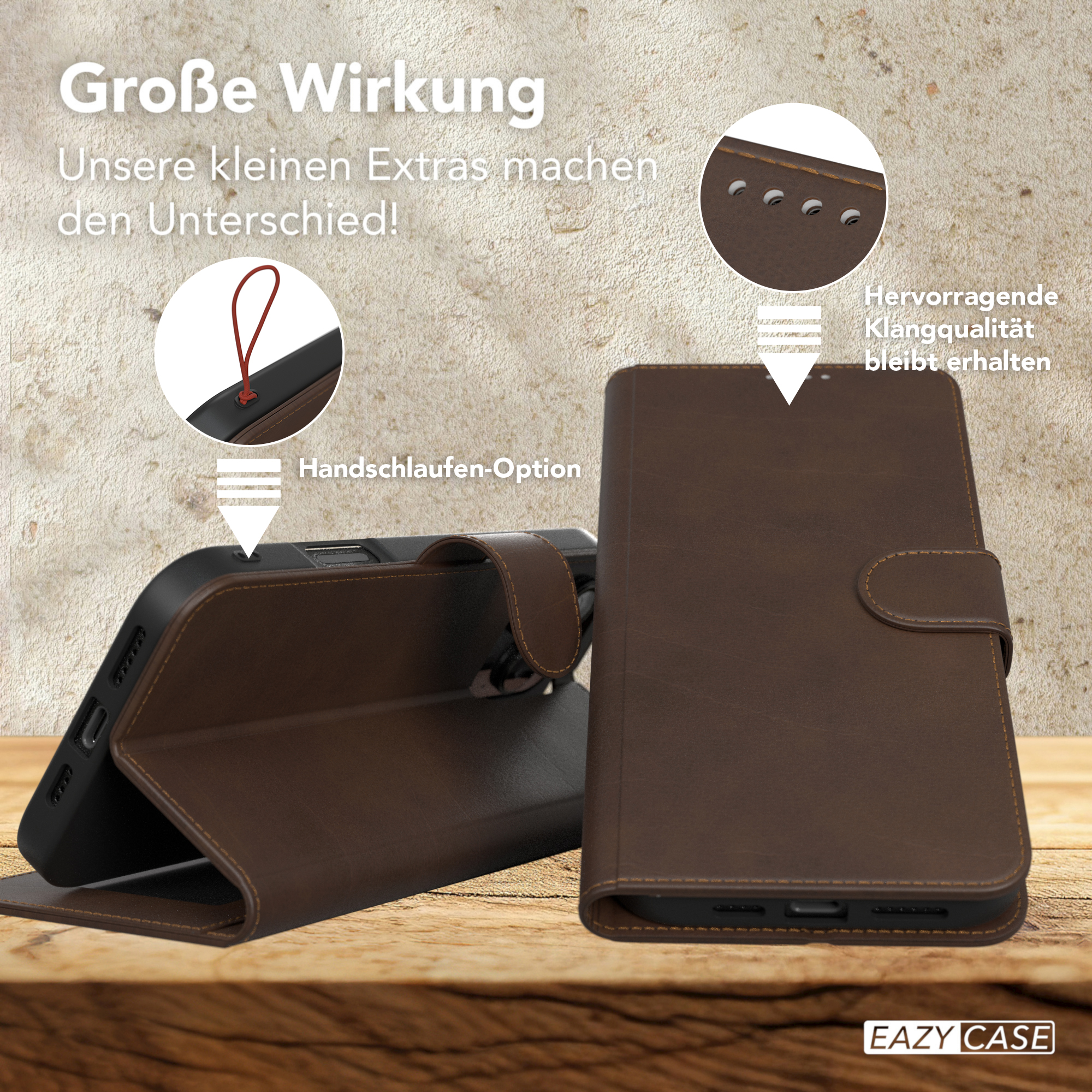 Braune Leder-Handyhülle mit einem Telefon darin. Die Hülle ist geöffnet, das Telefon sichtbar. Text oben.