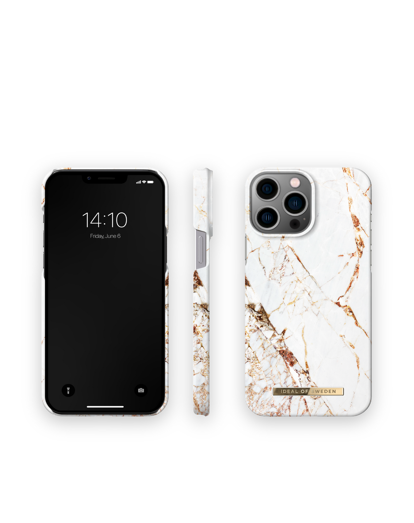 iPhone in Marmor-Design-Hülle. Zeigt Bildschirm und Rückseite mit Uhranzeige.
