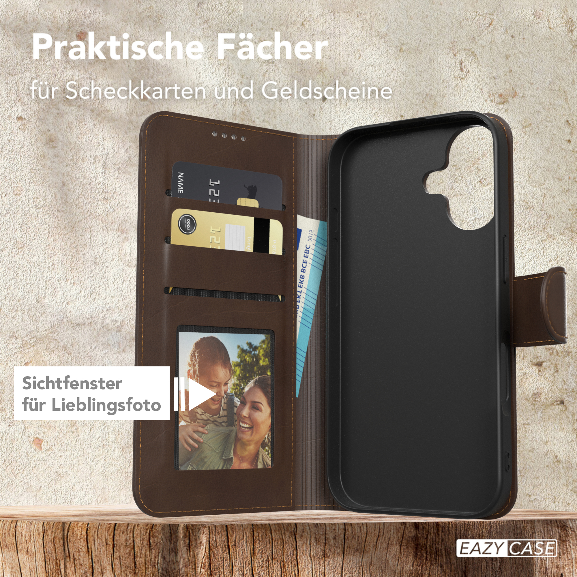 Eine braune Handyhülle mit Kartenfächern und Fotofach, auf einer Holzoberfläche.