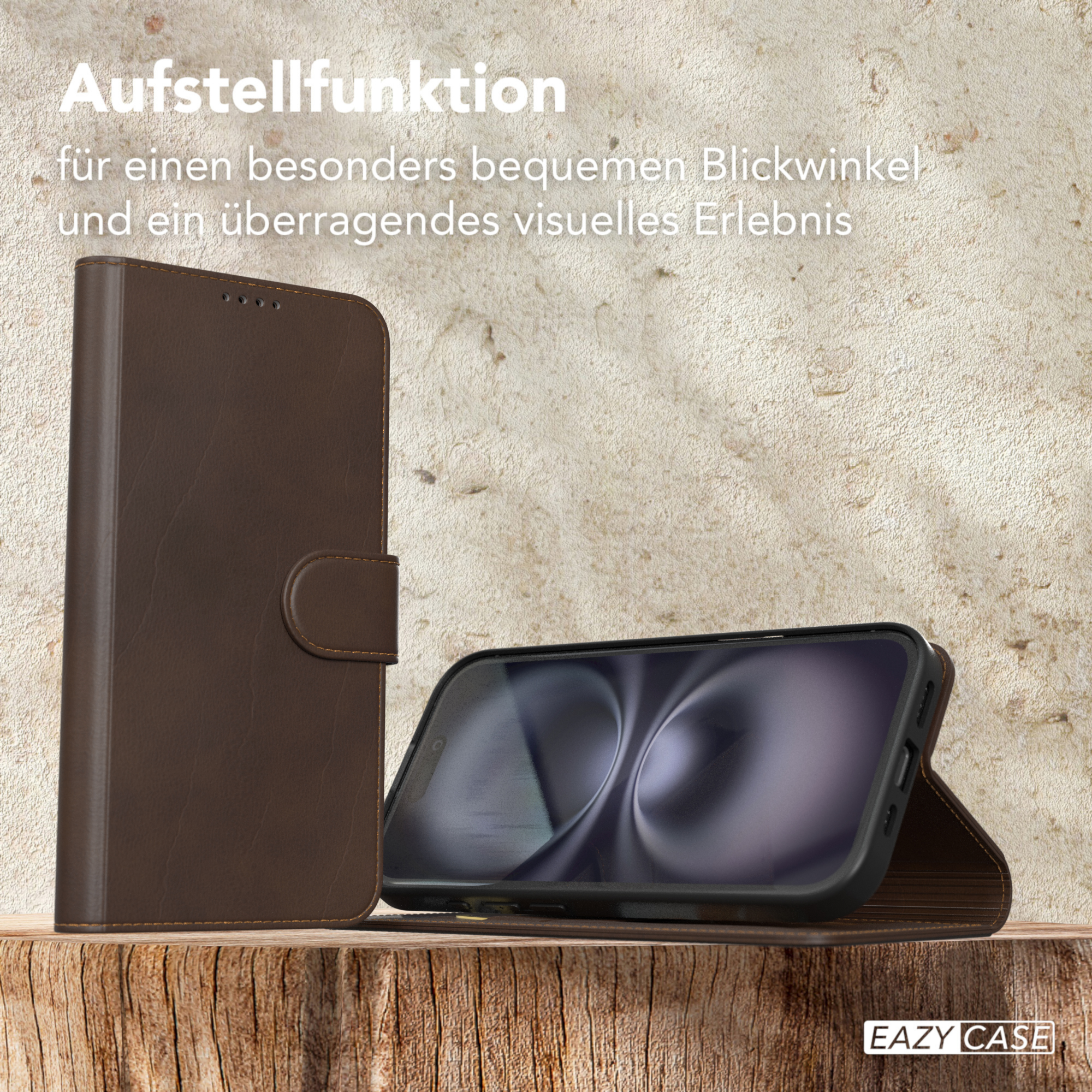 Eine braune Handyhülle mit einem Telefon darin. Das Telefon wird in einem Winkel angezeigt.