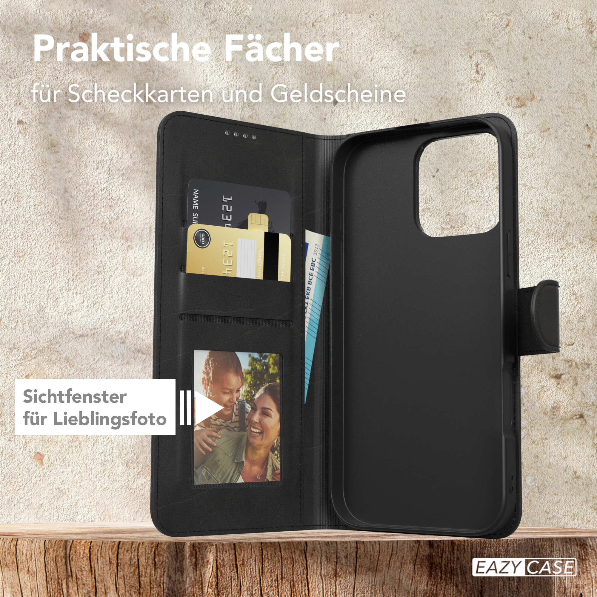 Schwarze Handyhülle, geöffnet, mit Kartenfächern und einem Bilderrahmen.