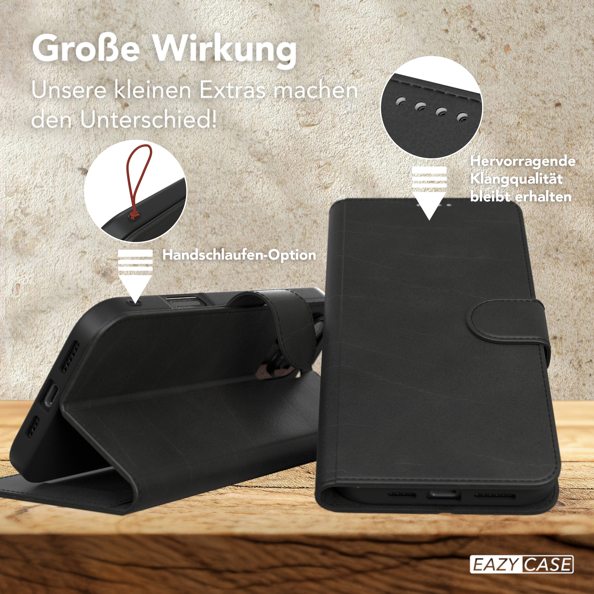 Eine schwarze Handyhülle mit geschlossenem Deckel und eine Nahaufnahme des Inneren mit dem Markennamen.