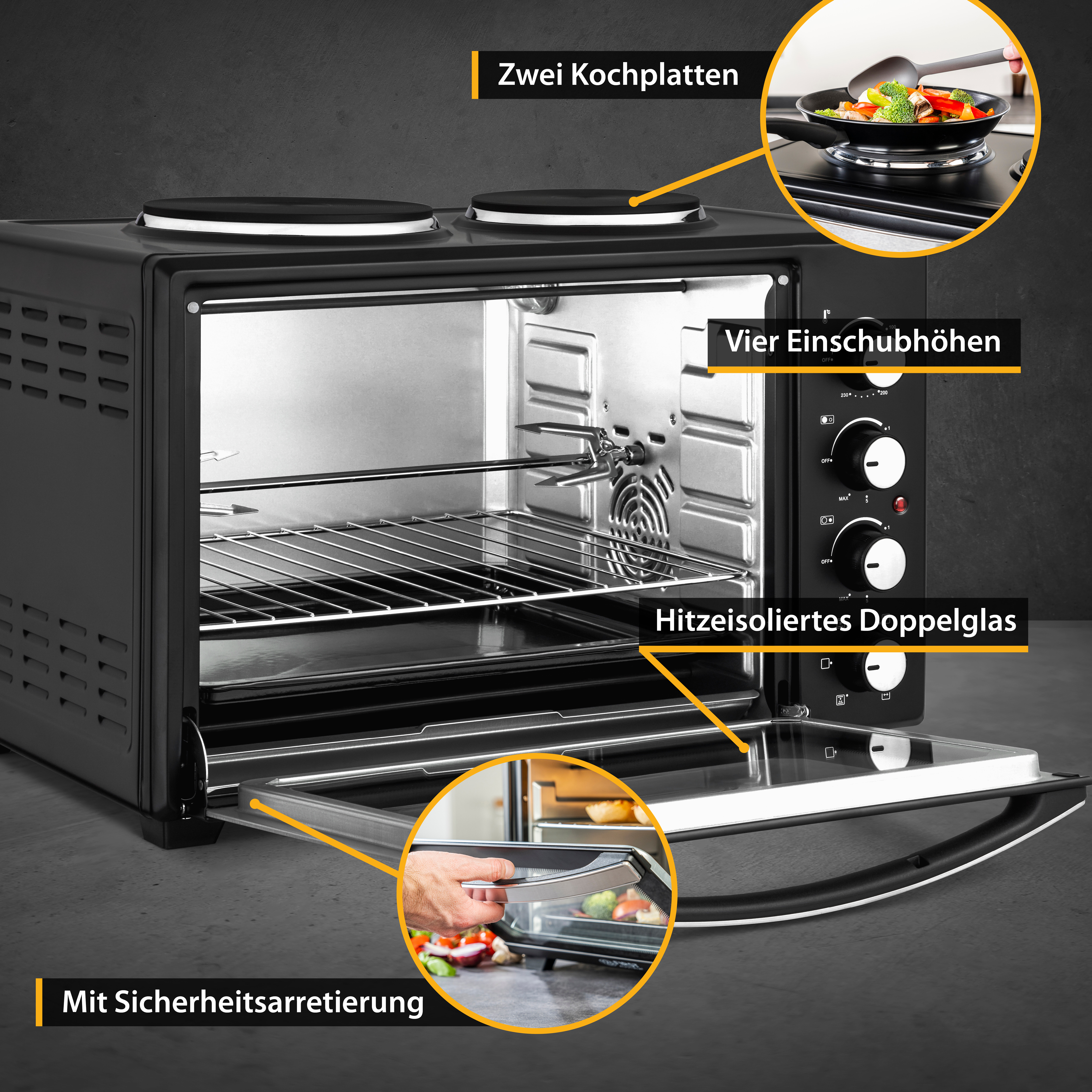 Schwarzer Mini-Ofen mit zwei Kochplatten, offener Tür, Details hervorgehoben.