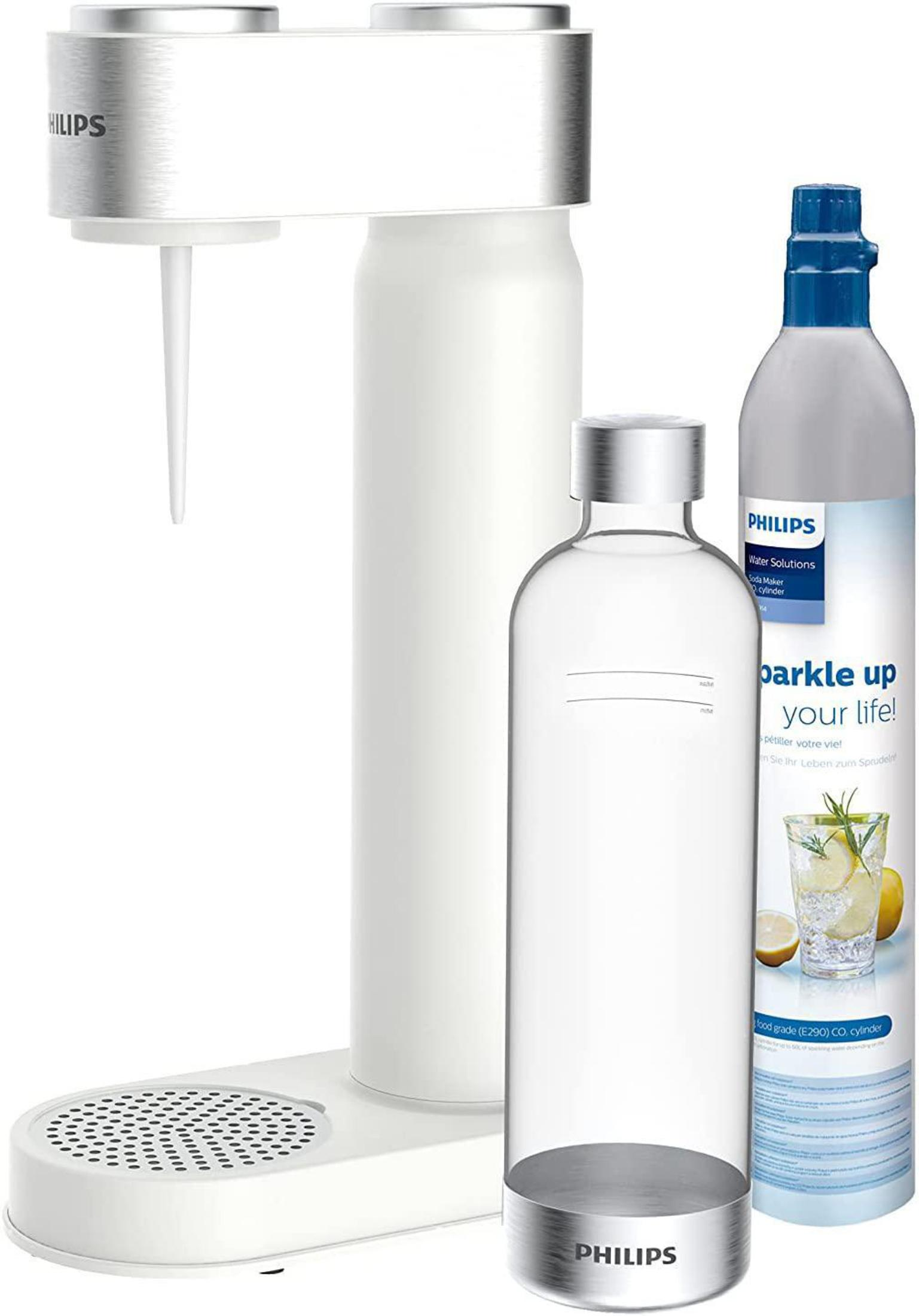 Eine weiße Philips Wasserlösung. Sie hat einen Spender, eine Glasflasche und eine CO2-Zylinder.
